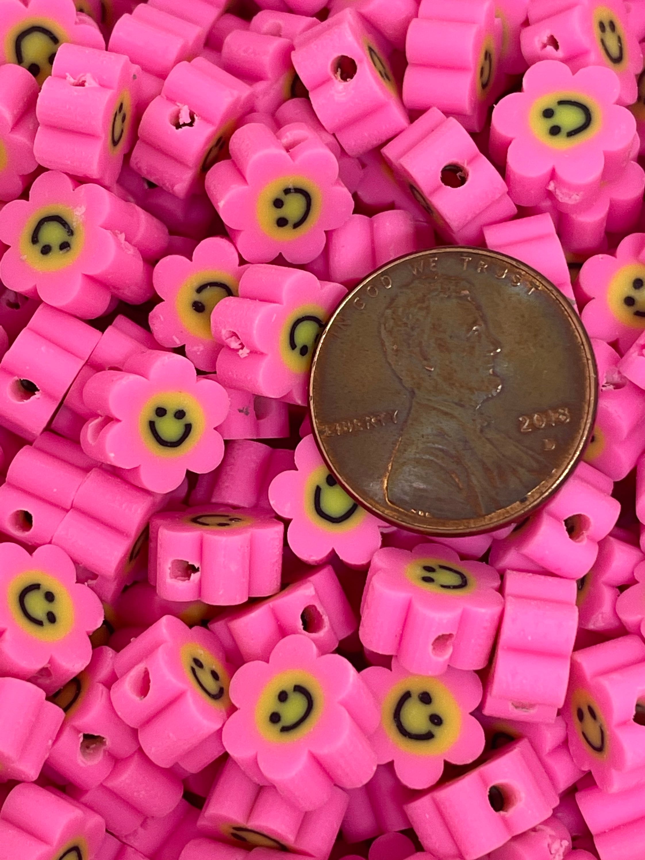 Cute Happy Face Flower Beads, Emoji Beads, Charm for Jewelry Making, Pink Beads, Bright Colored Clay Beads