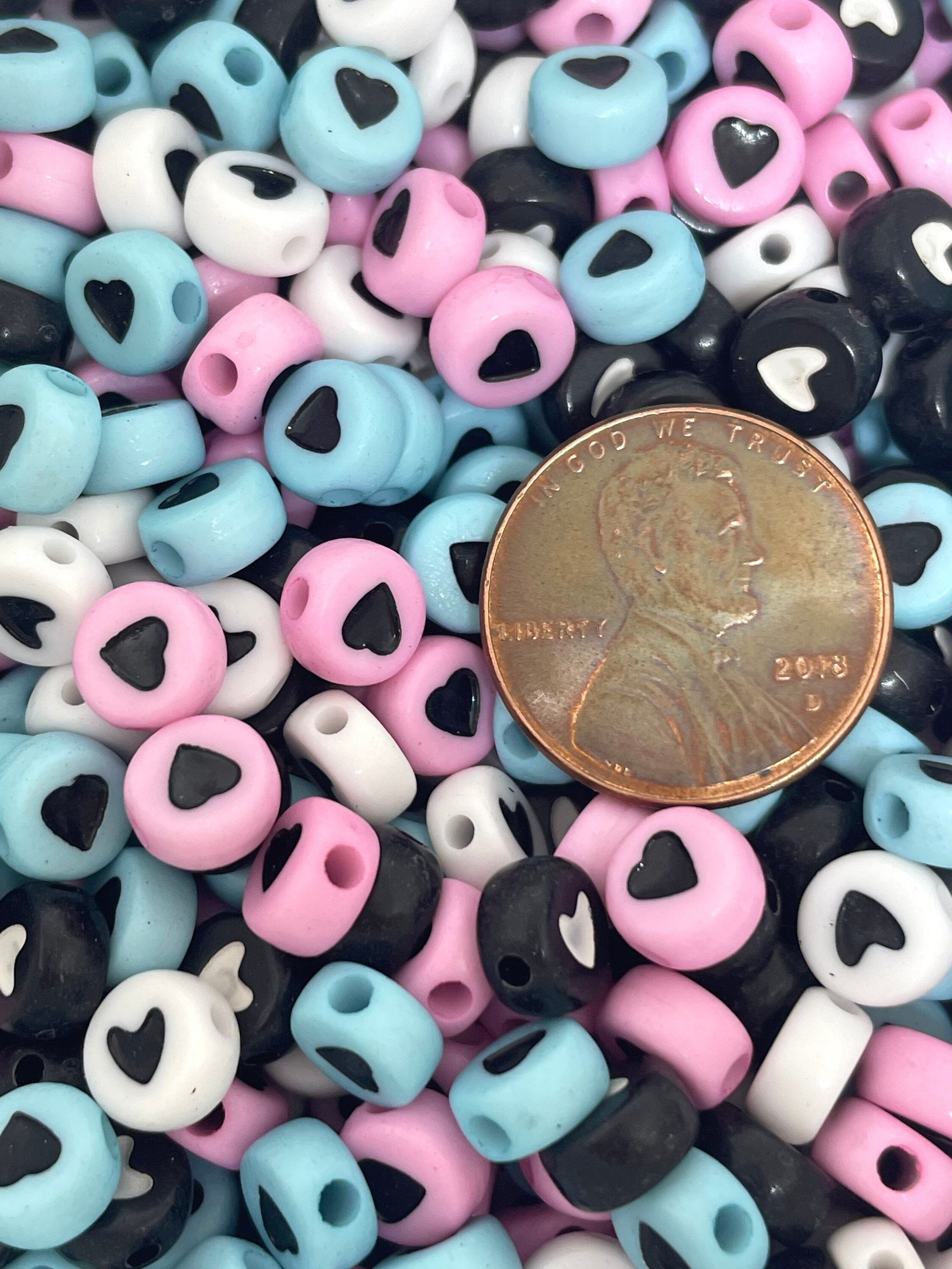Cute Heart Coin Mix, Blue, Pink, White, and Black Heart Coin Beads for Bracelet, Word Jewelry