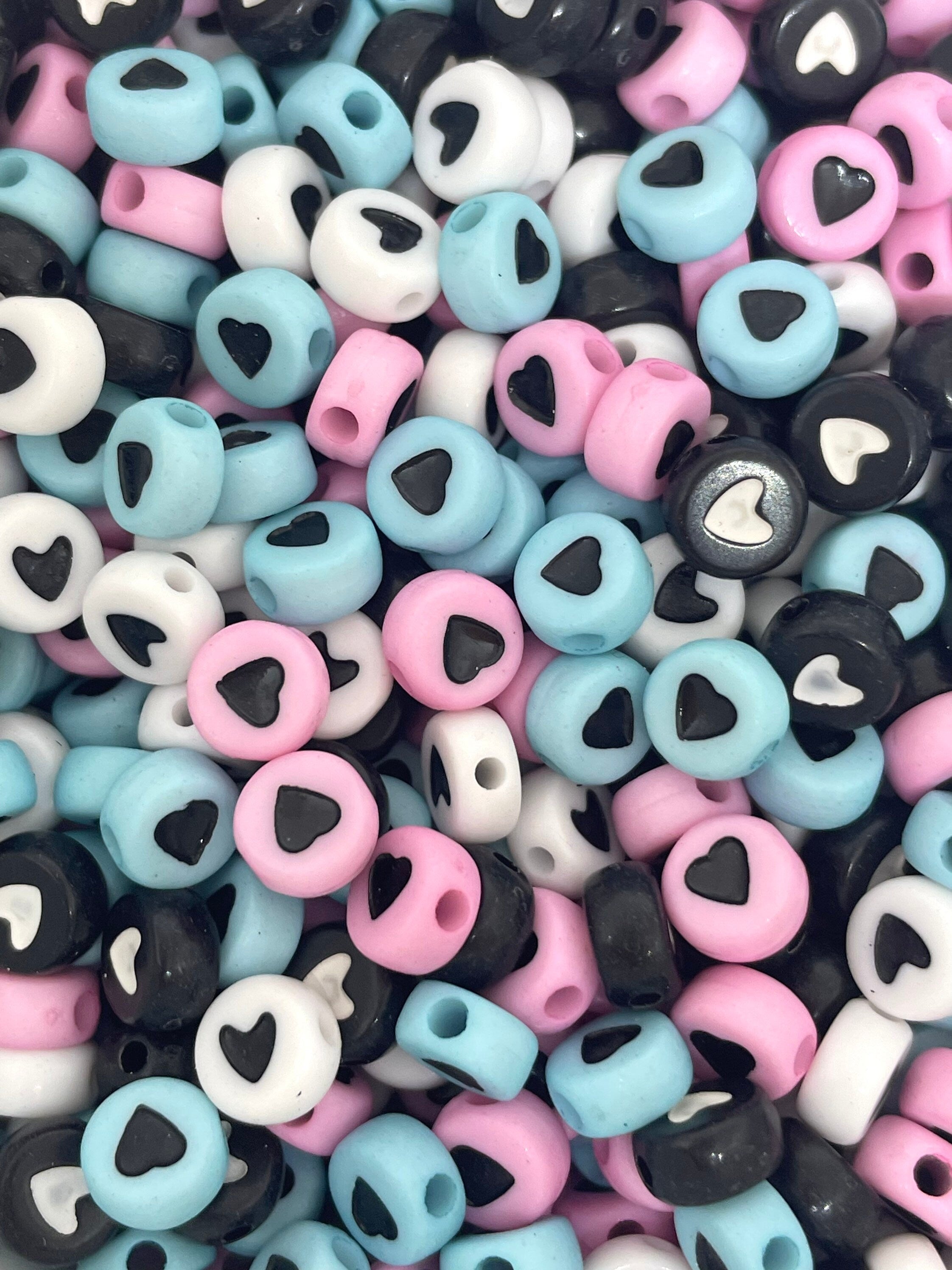 Cute Heart Coin Mix, Blue, Pink, White, and Black Heart Coin Beads for Bracelet, Word Jewelry