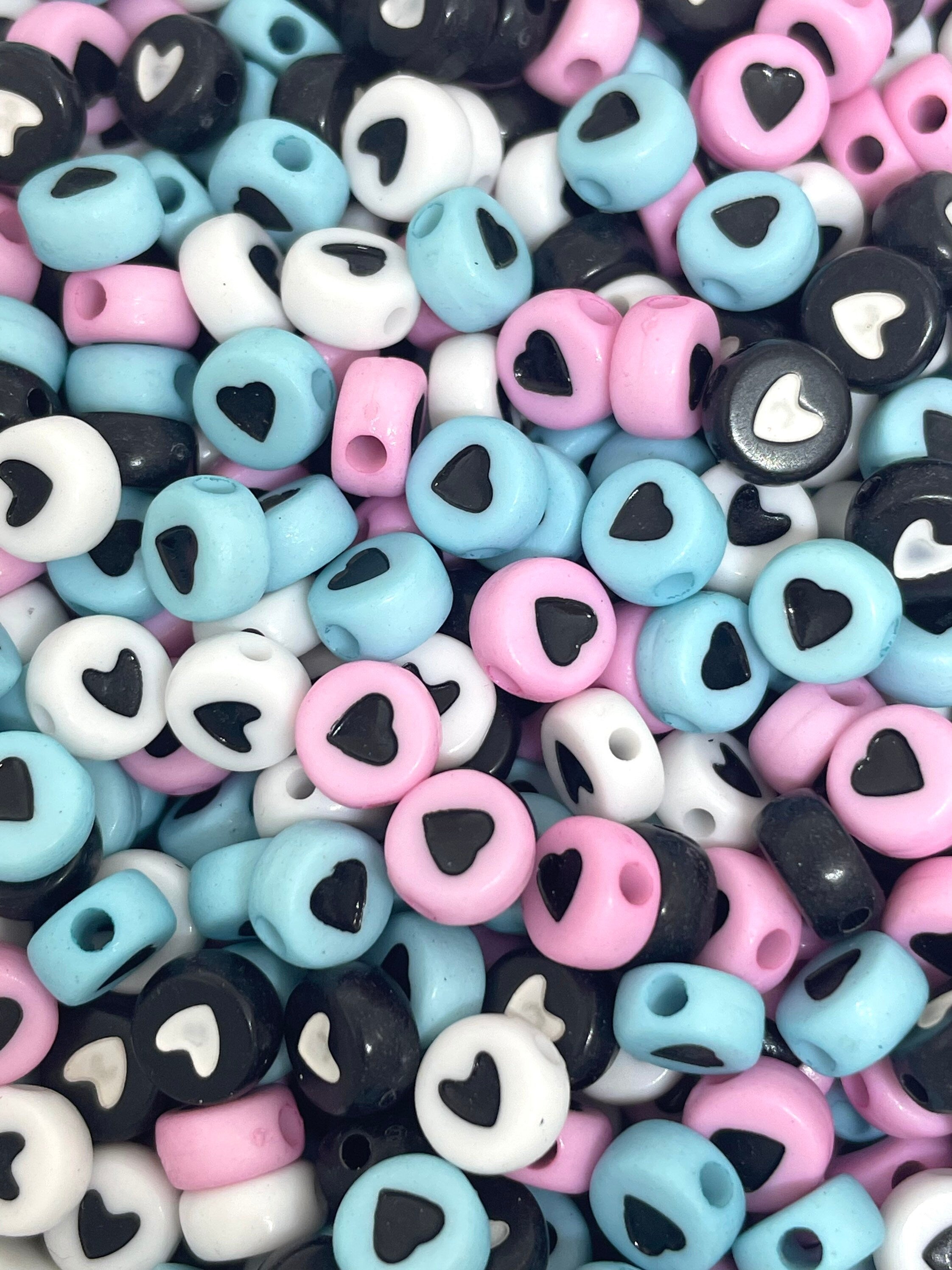 Cute Heart Coin Mix, Blue, Pink, White, and Black Heart Coin Beads for Bracelet, Word Jewelry