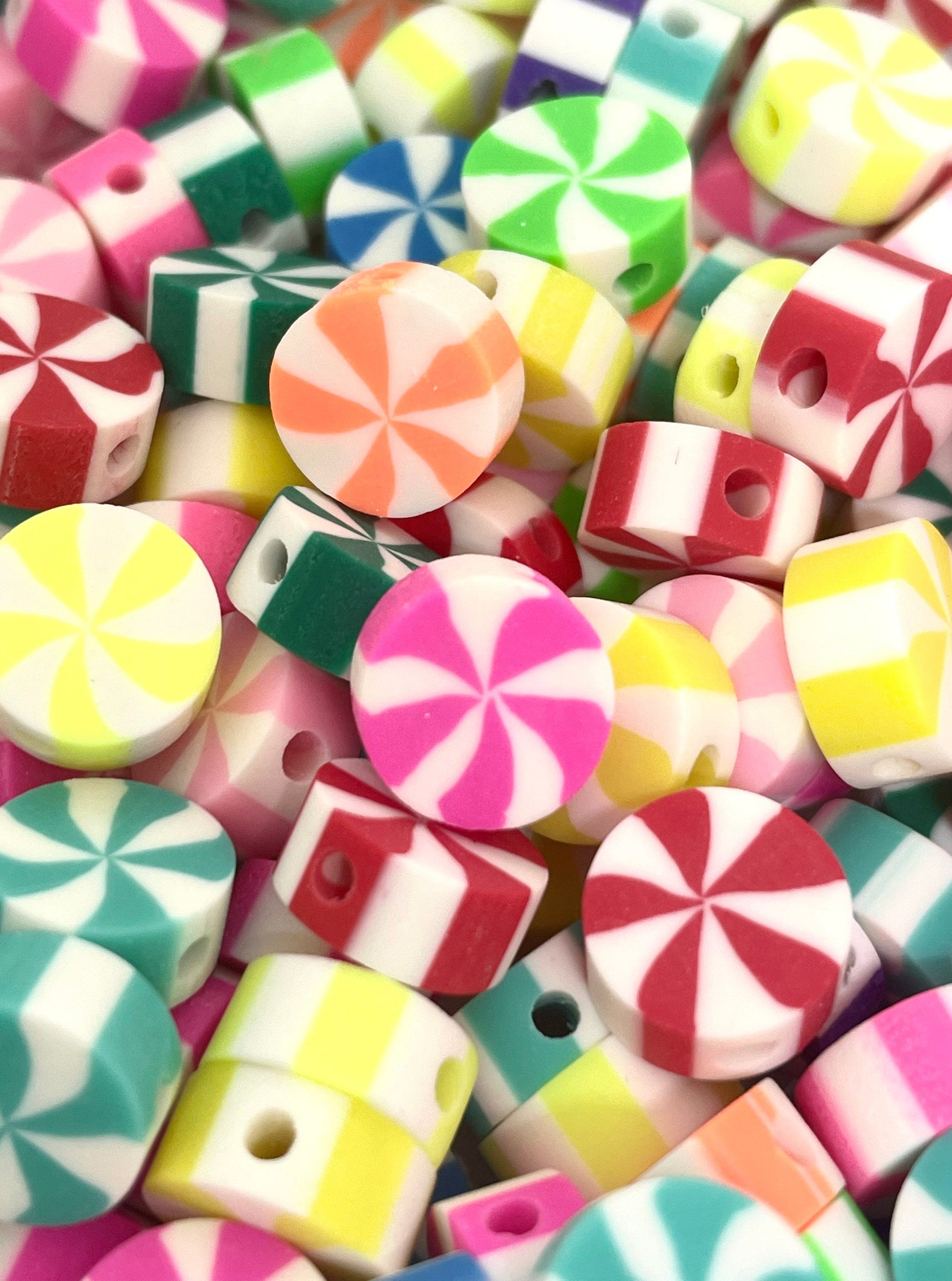 Cute Peppermint Beads, Candy Cane Beads for Bracelet, Polymer Clay Christmas Beads for the Holidays, Handmade Beads, Spacer Beads