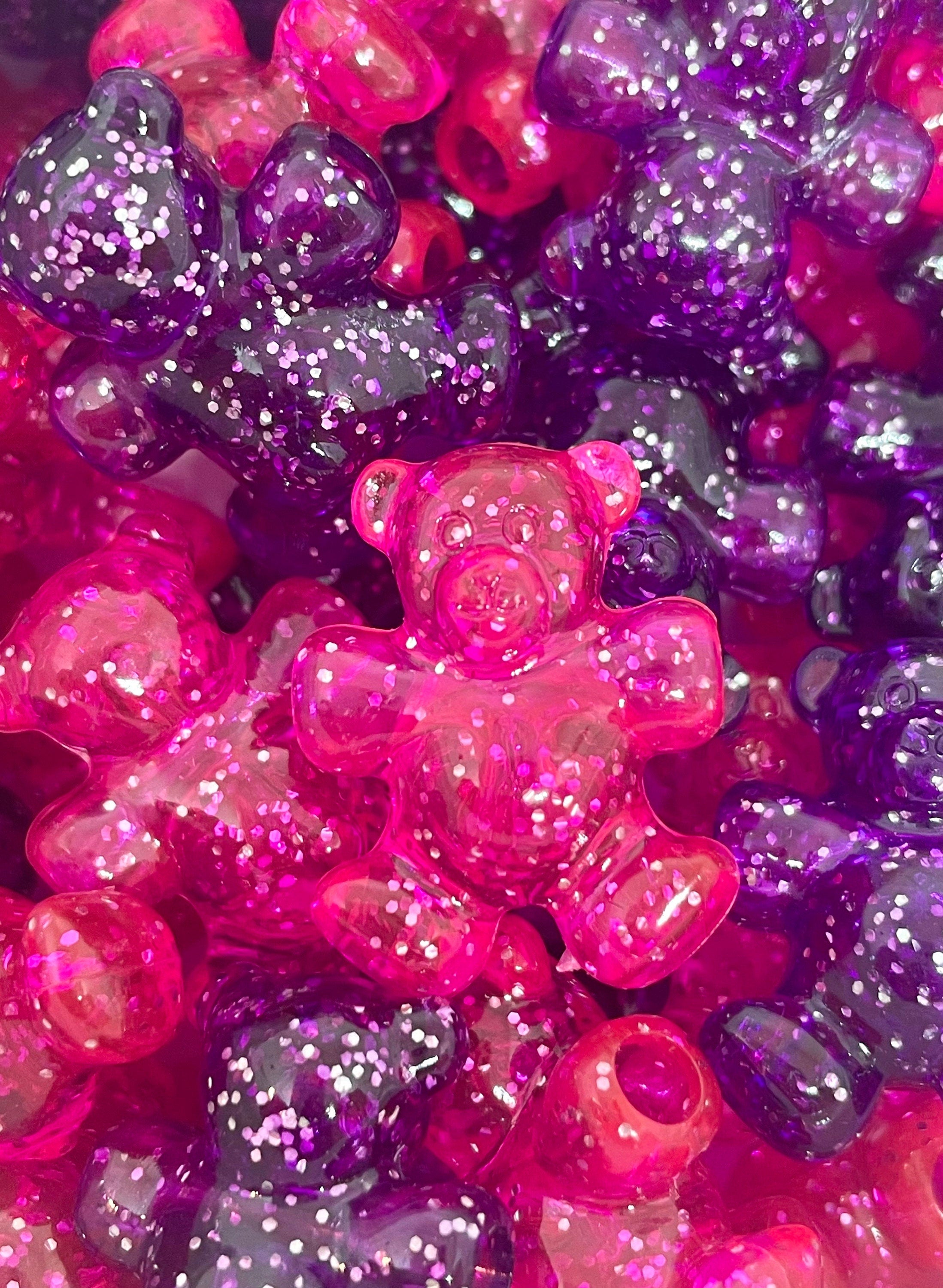 Glitter Pink and Purple Teddy Bear Beads, Charm, Pendant, Animal Beads