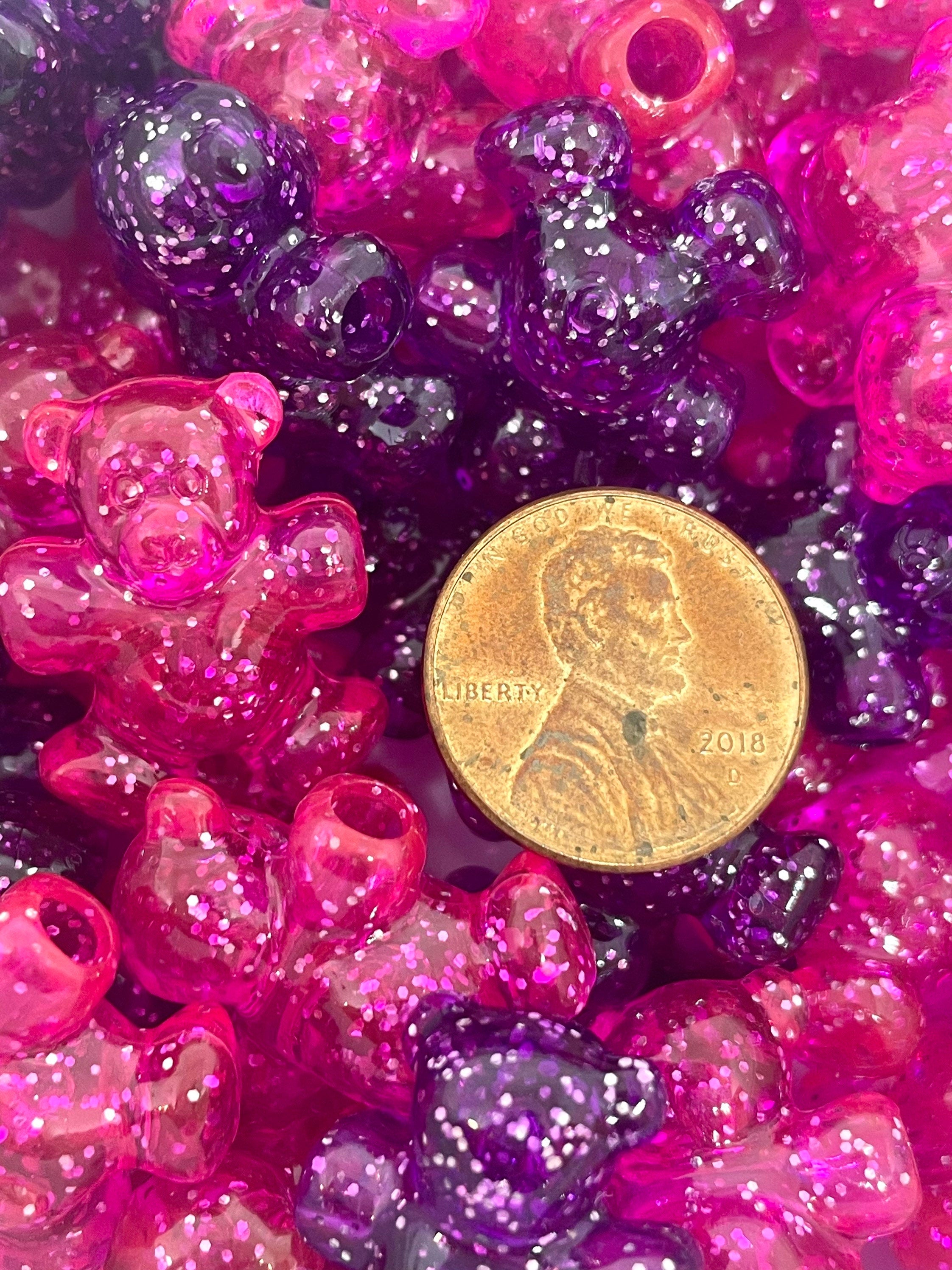 Glitter Pink and Purple Teddy Bear Beads, Charm, Pendant, Animal Beads