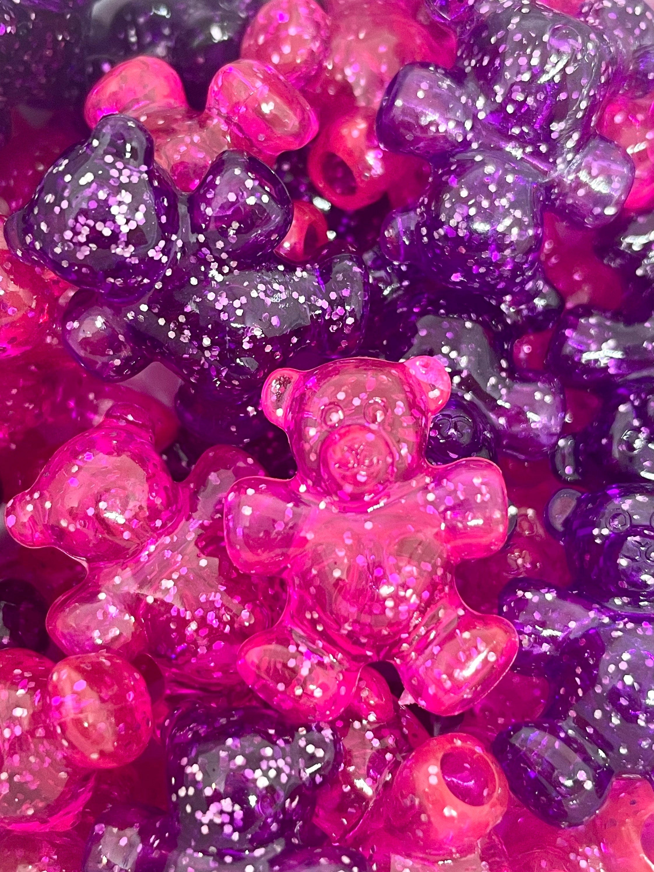 Glitter Pink and Purple Teddy Bear Beads, Charm, Pendant, Animal Beads