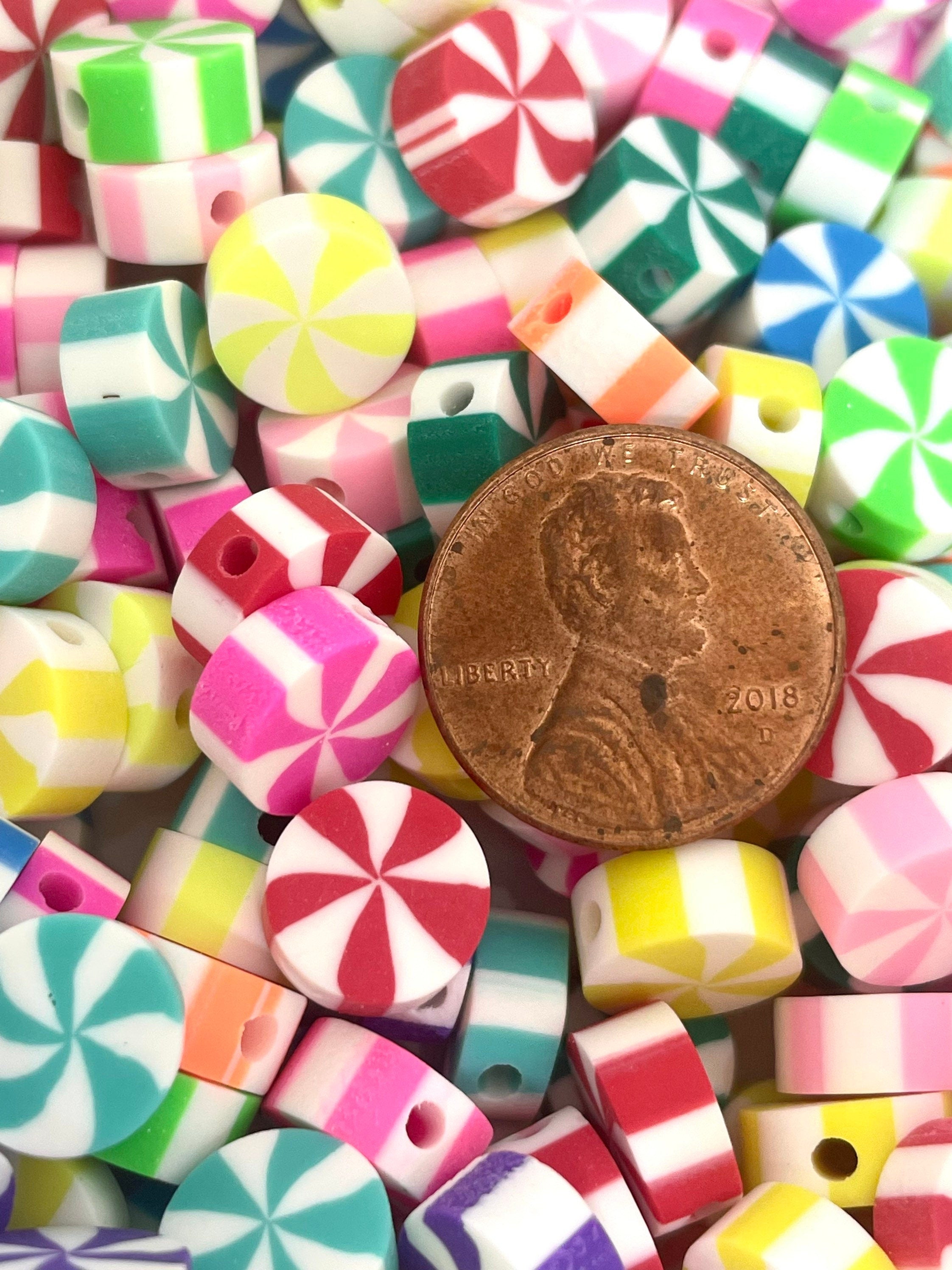 Cute Peppermint Beads, Candy Cane Beads for Bracelet, Polymer Clay Christmas Beads for the Holidays, Handmade Beads, Spacer Beads