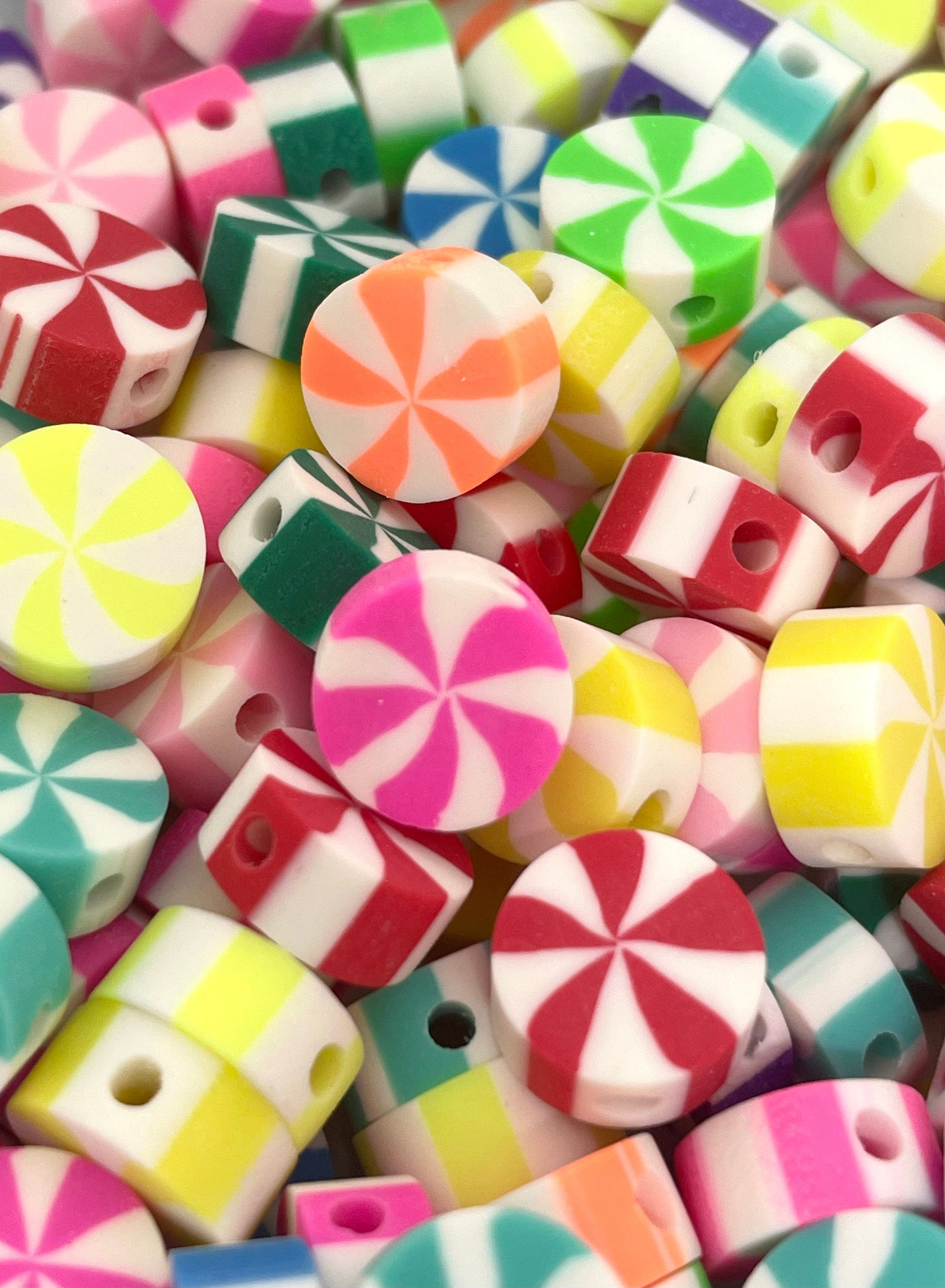 Cute Peppermint Beads, Candy Cane Beads for Bracelet, Polymer Clay Christmas Beads for the Holidays, Handmade Beads, Spacer Beads