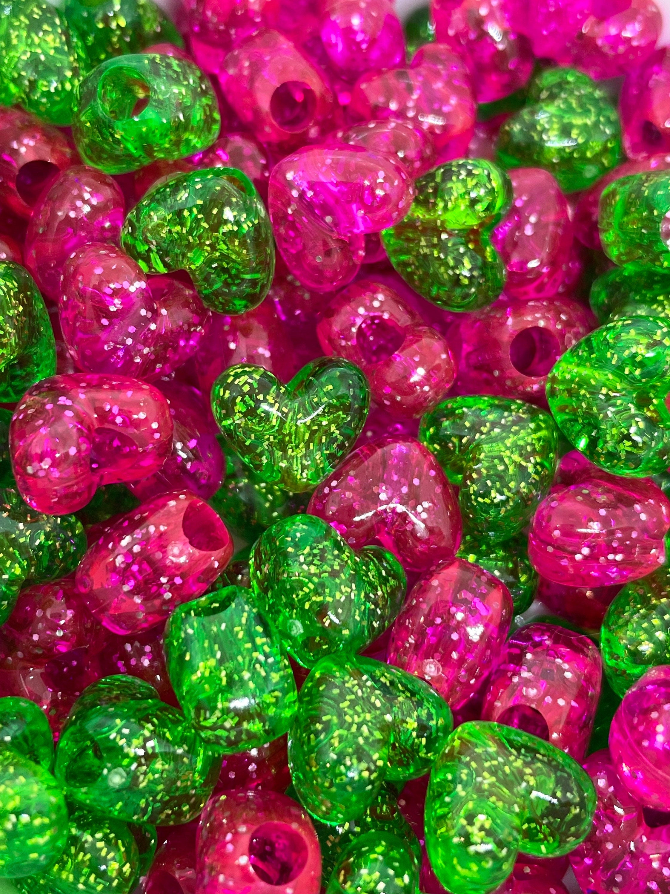 Watermelon Heart Bead Set, Glitter Heart Beads, Bright Colored Summer Beads, Fun Beads