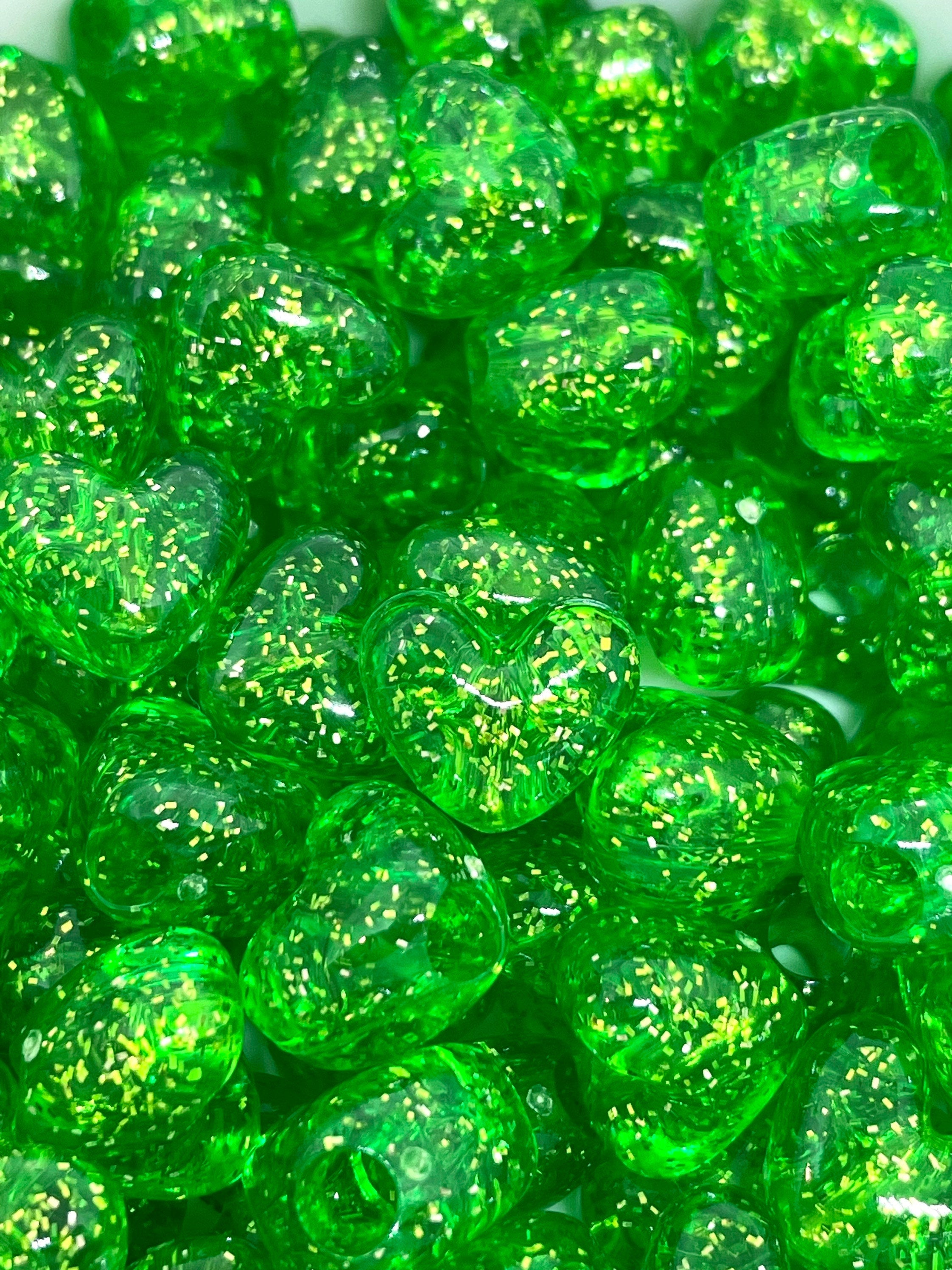 Lime Green Glitter Heart Beads, Halloween Themed Beads, Charms, Sparkle Heart Beads