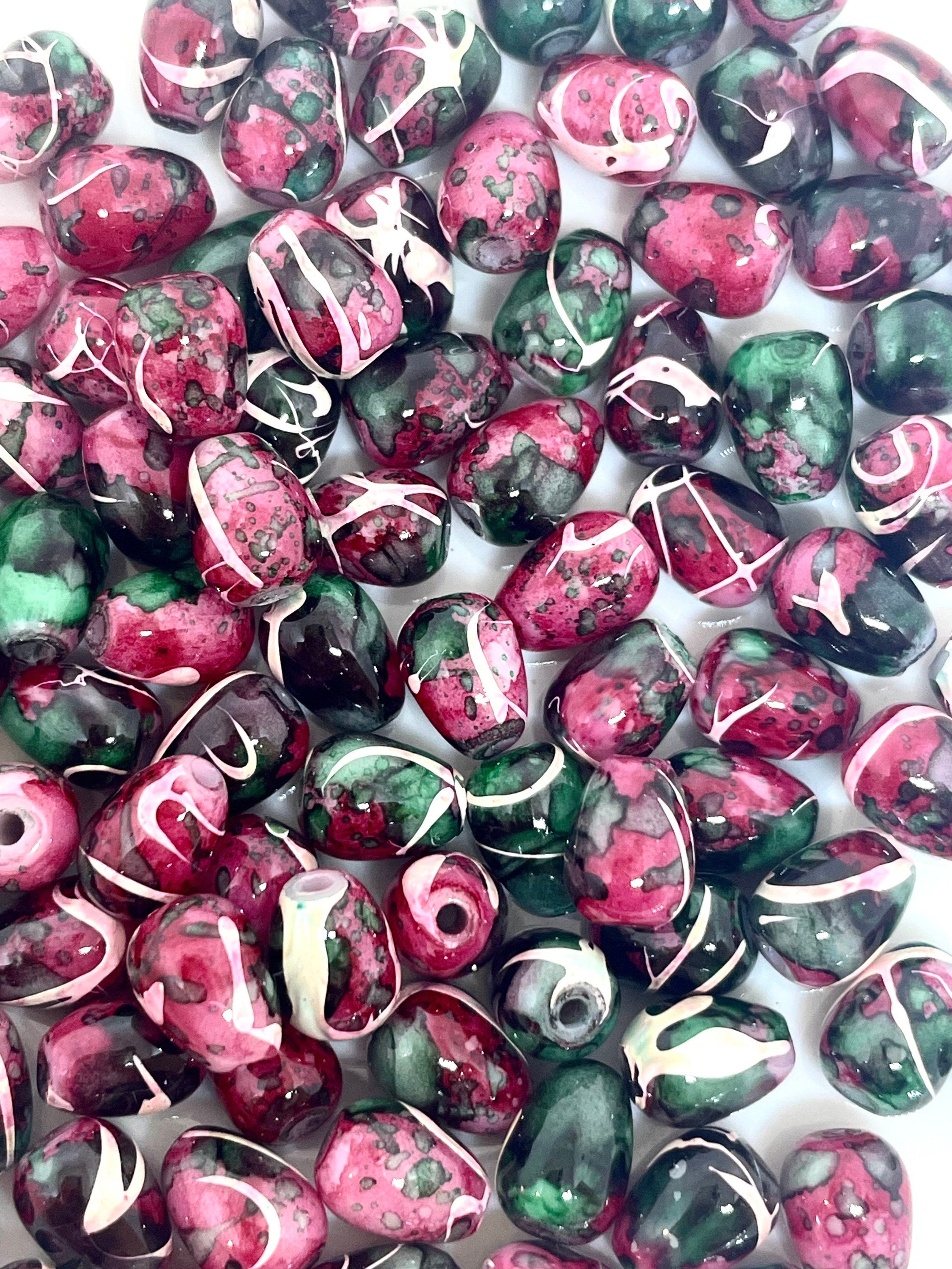 Halloween Beads, Green and Red Tear Drop Beads, Vampire Beads, Goth Beads, Spooky Beads, Gothic Jewelry, Glass Beads