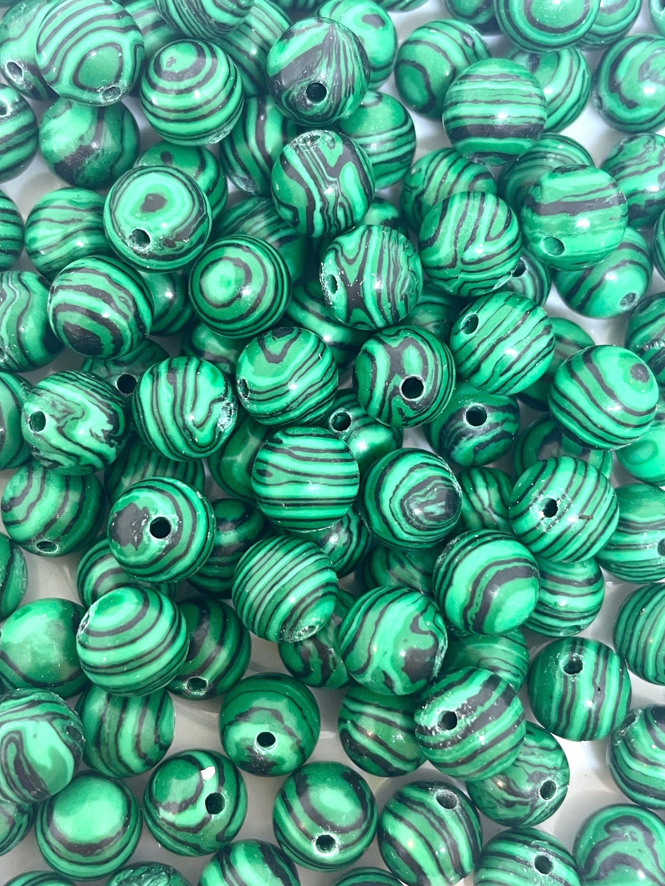 8mm Striped Green and Black Swirl Malachite Beads, Green Stone Beads for Healing, Necklace Making