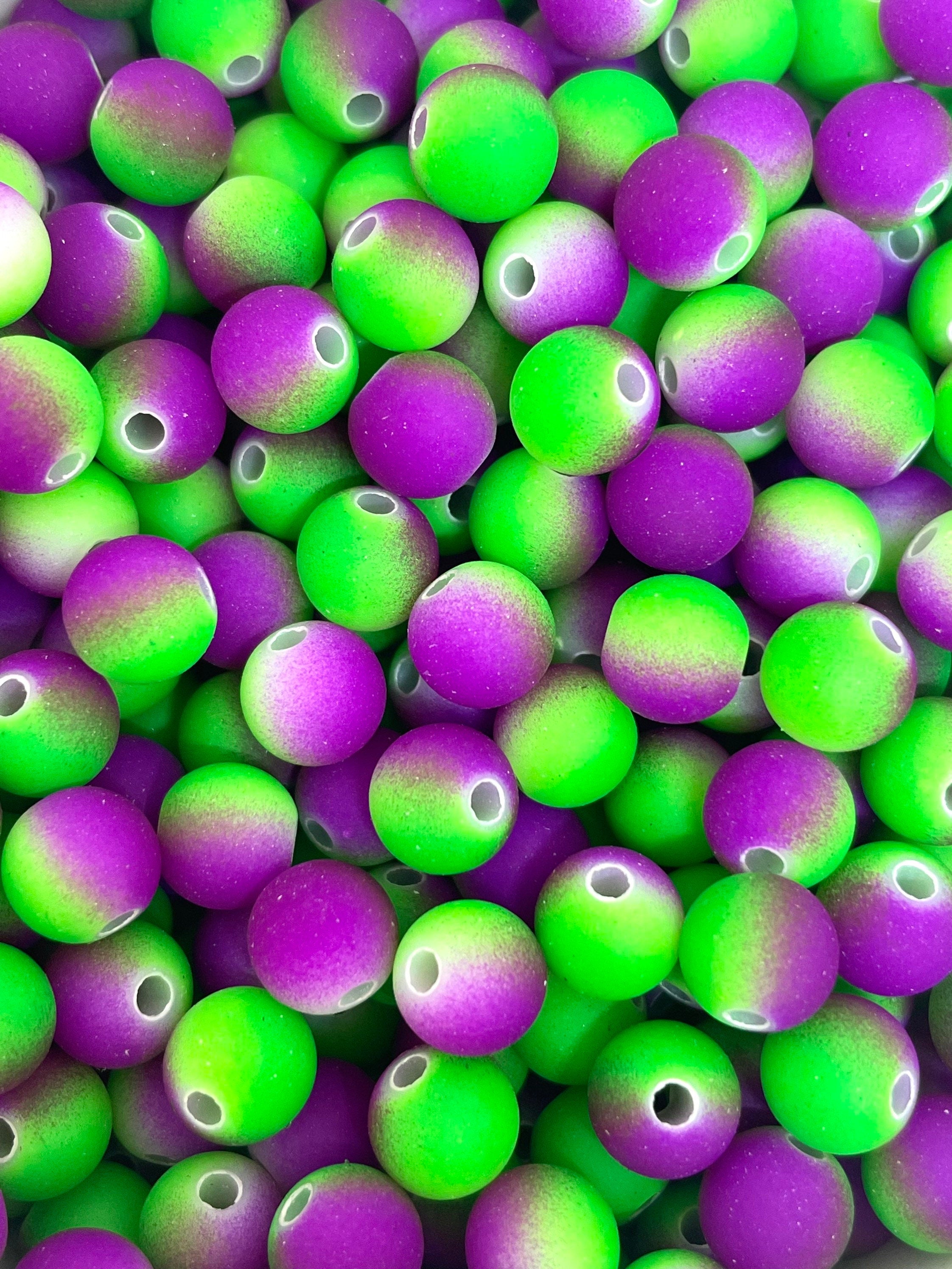 Bright Neon Green and Purple Round Beads, Rubberized Beads, Rave Beads, EDM Jewelry, Festival Beads