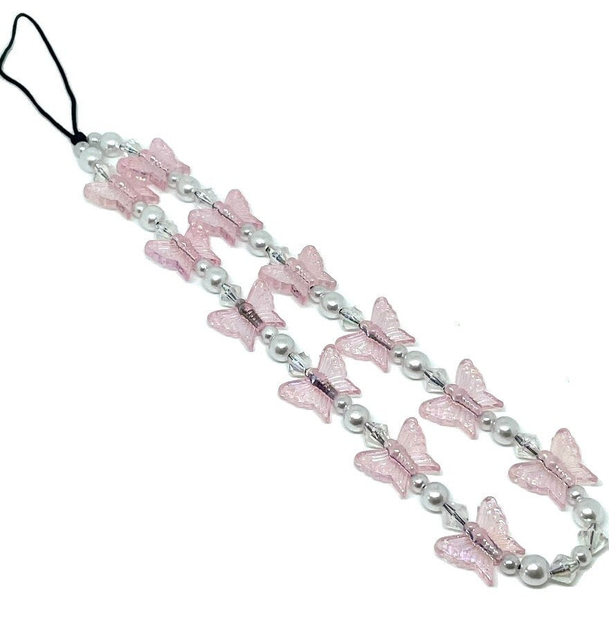 Stunning Iridescent Butterfly Themed Phone Strap, Cute Pink Cell Phone Wristlet, Chain