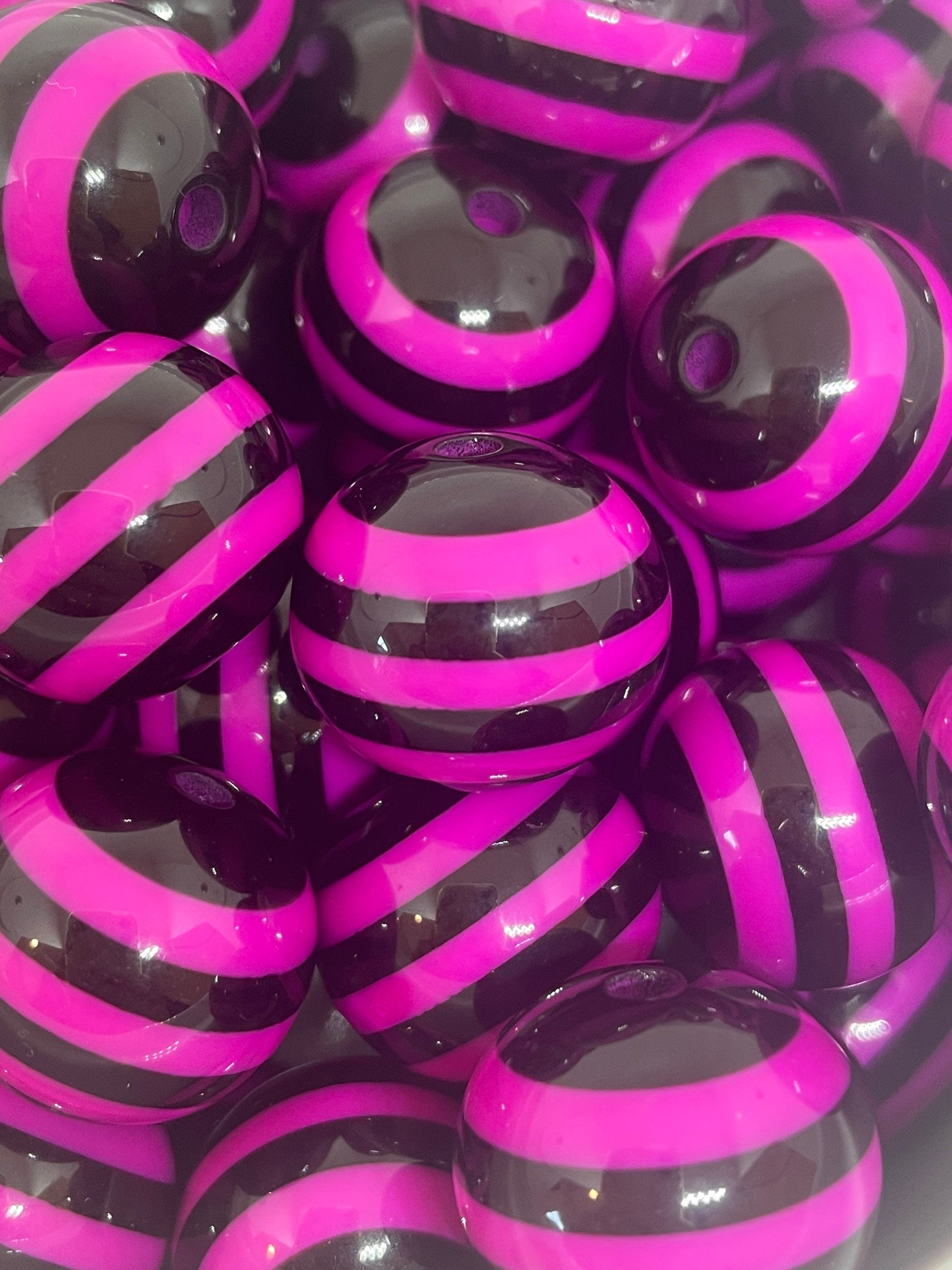 20mm Chunky Black and Magenta Striped Beads