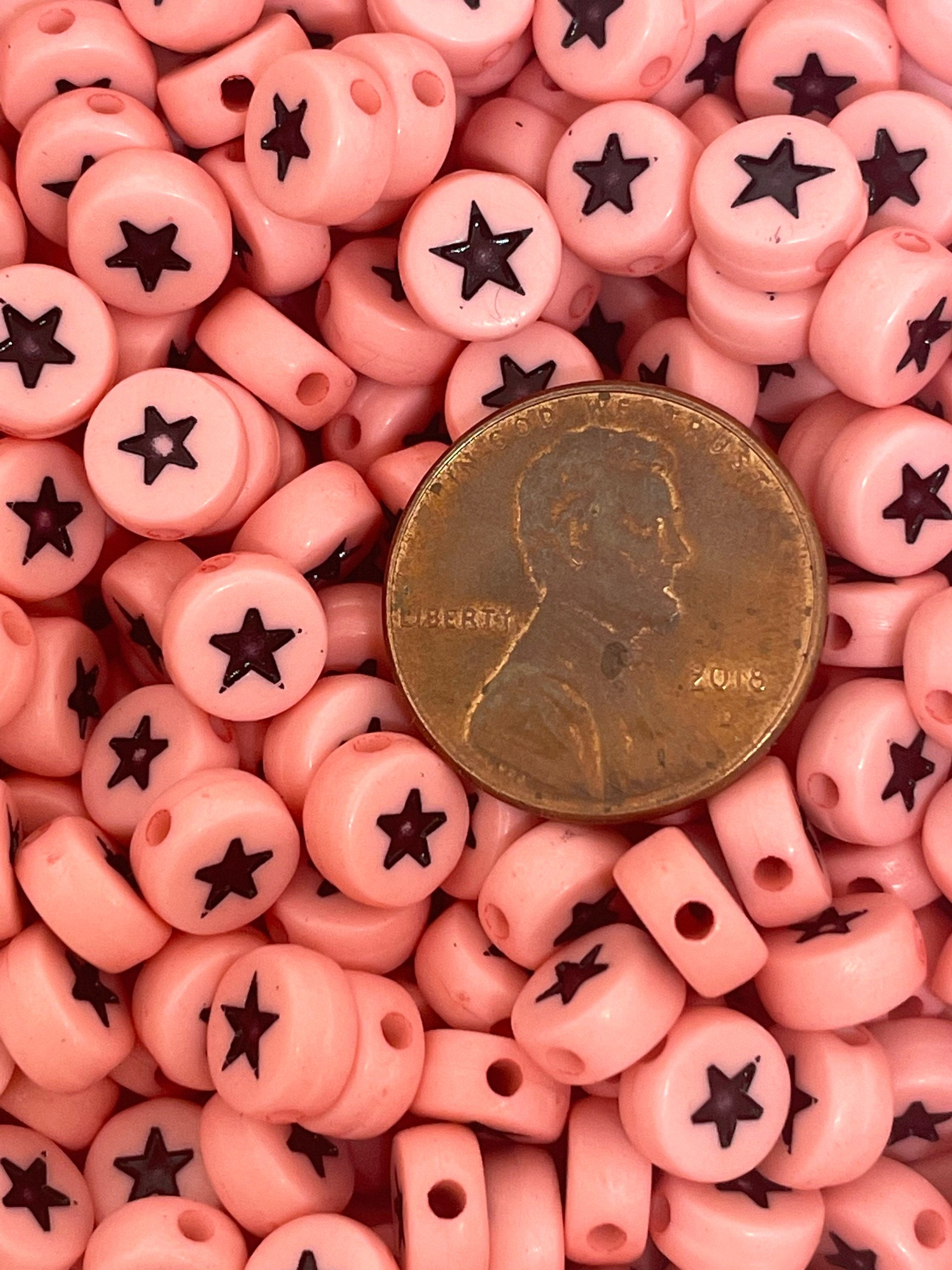Coral Pink and Black Star Coin Beads for Alphabet Jewelry, Spacer Beads, Kawaii Gothic Beads