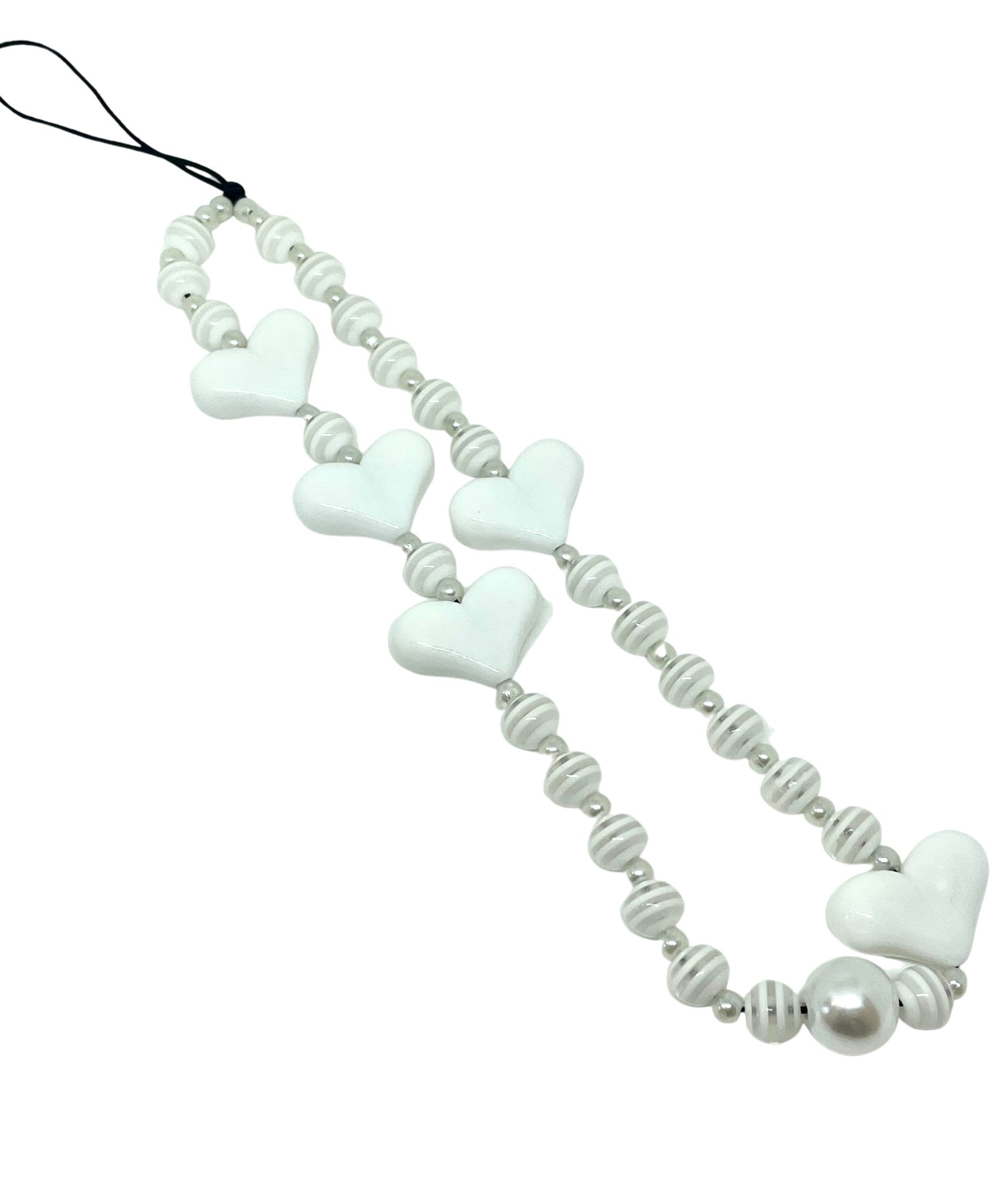 White Themed Hearts and Stripes Cute Phone Charm, Strap, Wristlet, Resin Beads