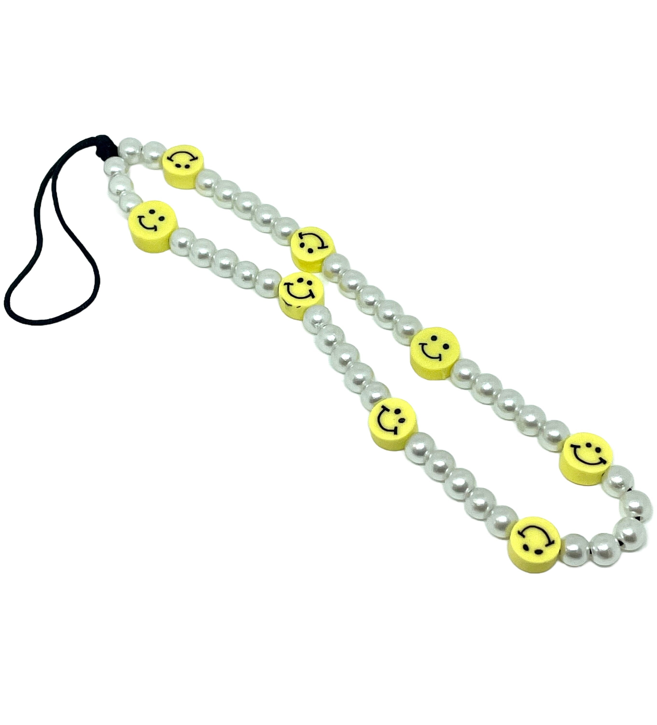 SMOL Smiley Face Phone Strap, Happy Face Emoji and Pearl Cell Phone Charm, Cute Wristlet, Phone Jewelry