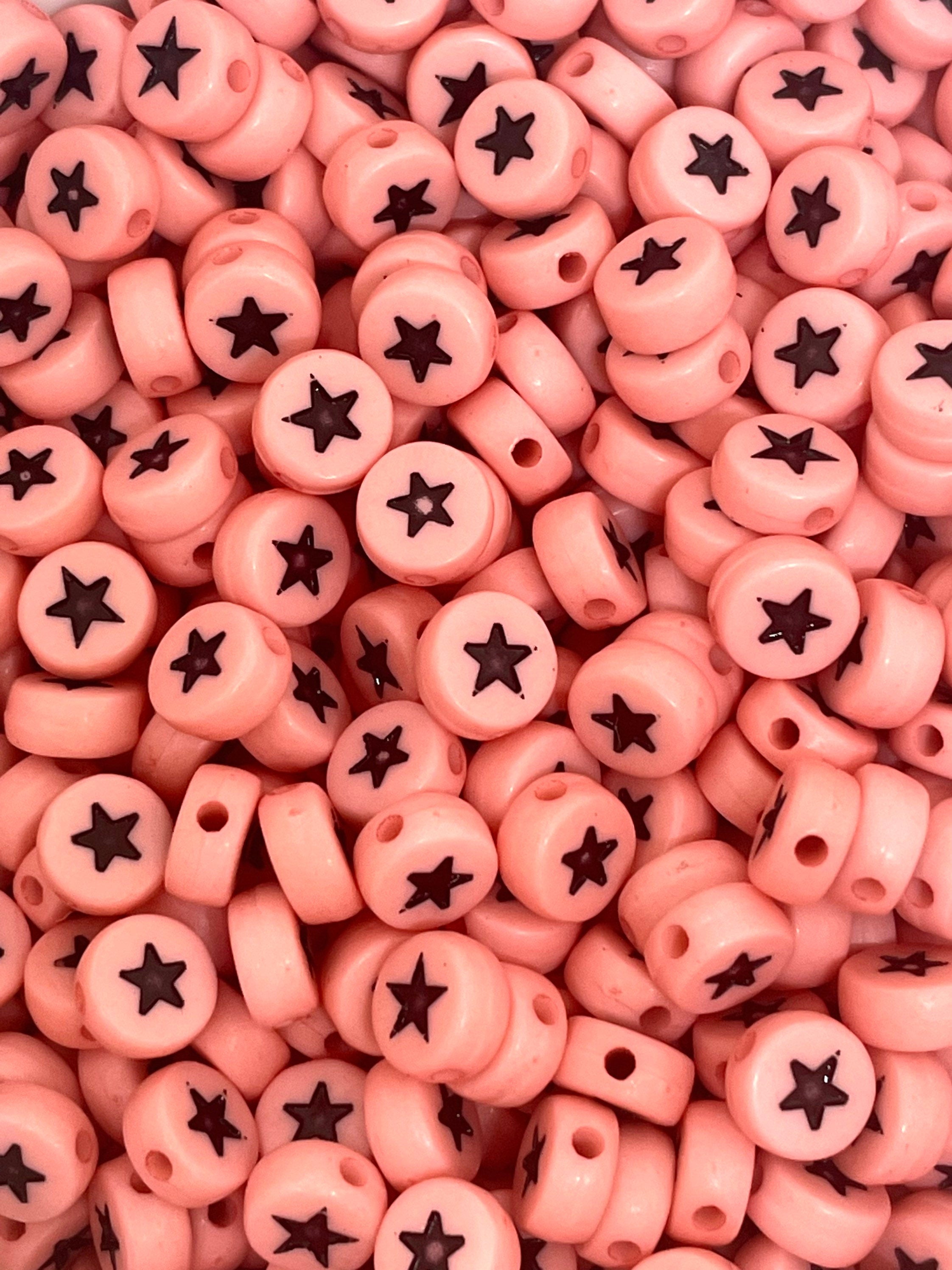 Coral Pink and Black Star Coin Beads for Alphabet Jewelry, Spacer Beads, Kawaii Gothic Beads
