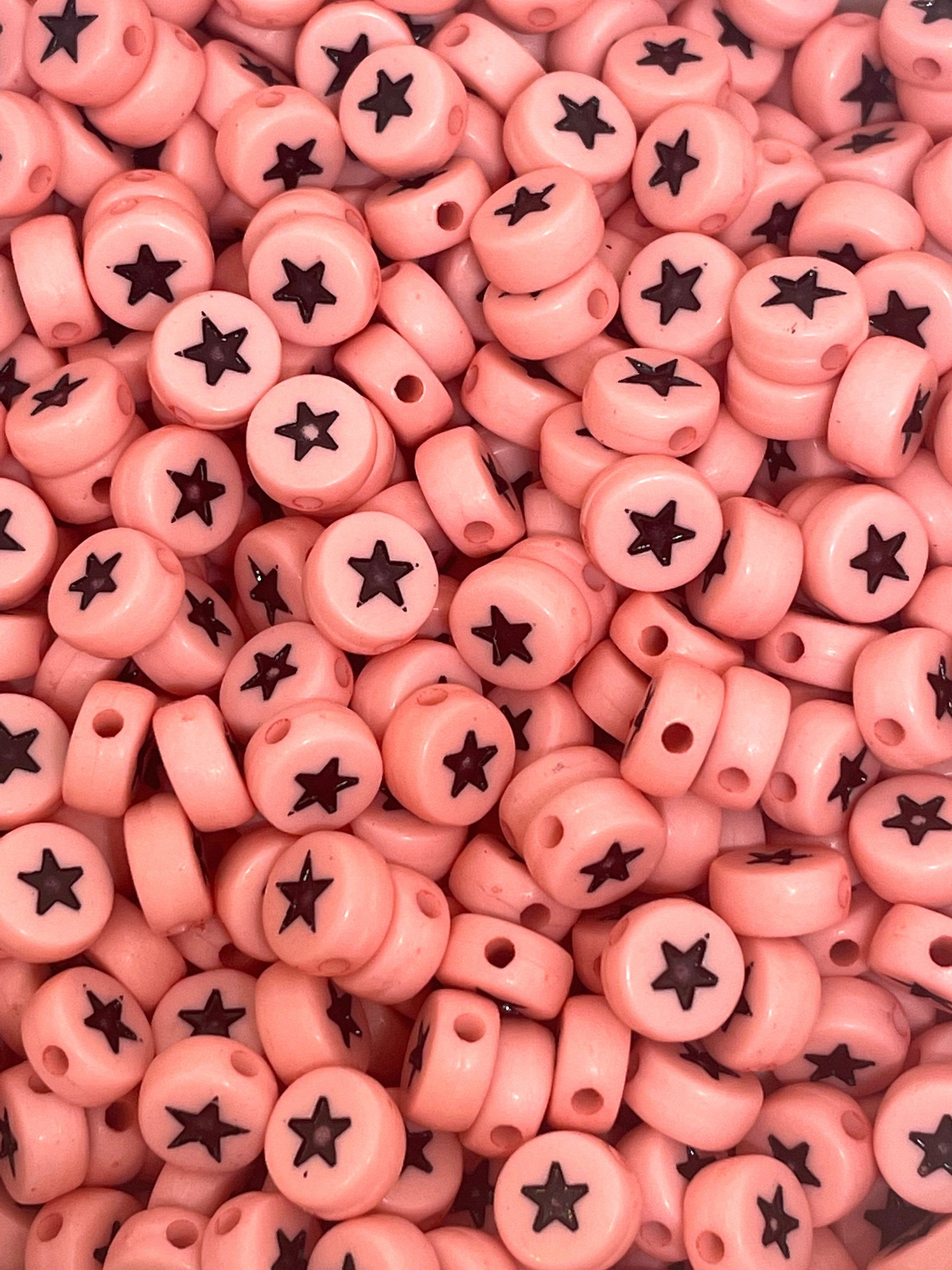 Coral Pink and Black Star Coin Beads for Alphabet Jewelry, Spacer Beads, Kawaii Gothic Beads