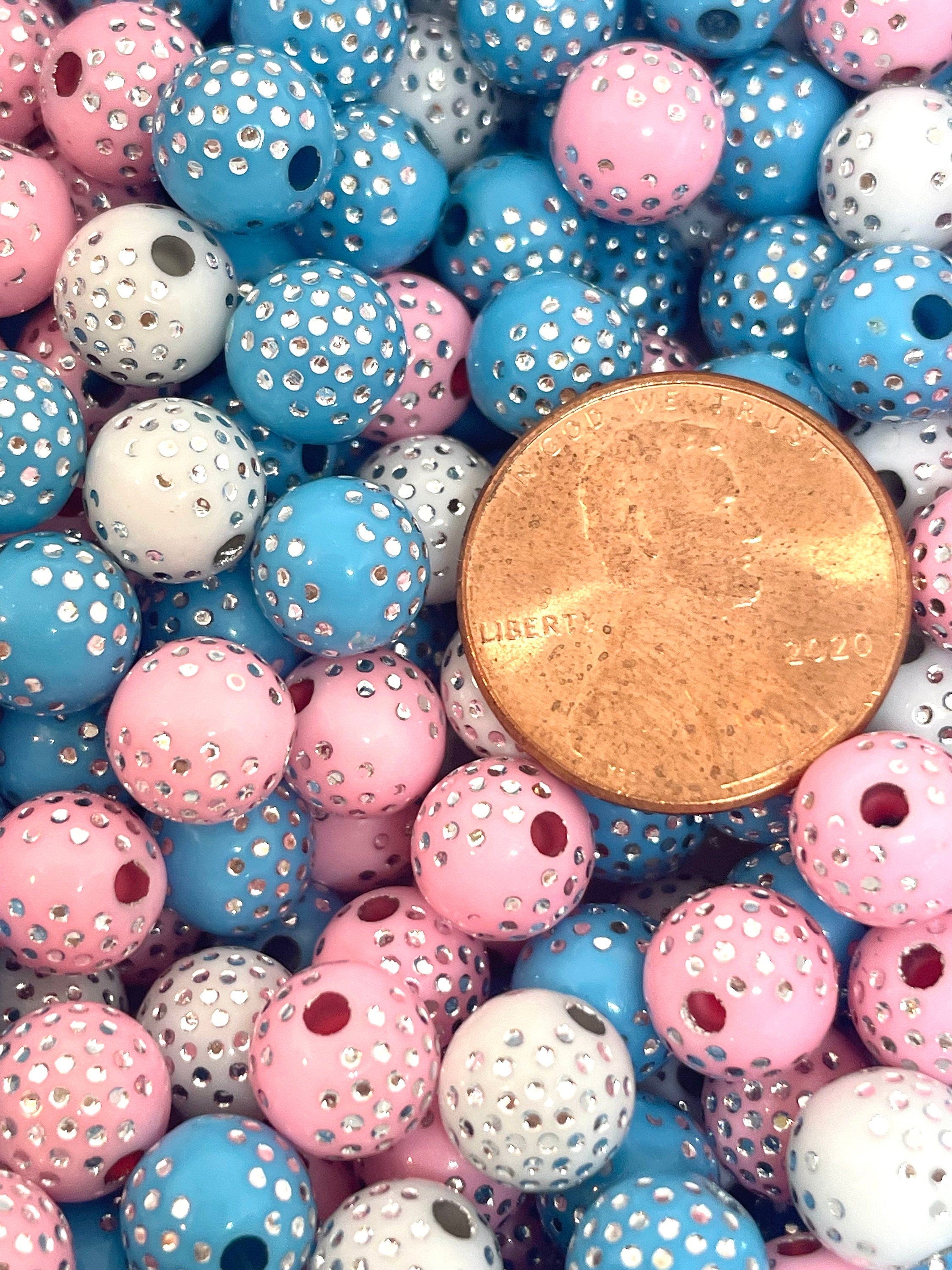 8mm Kawaii Cotton Candy Bead Mix, Light Pink and Blue Beads with Silver Polka Dots