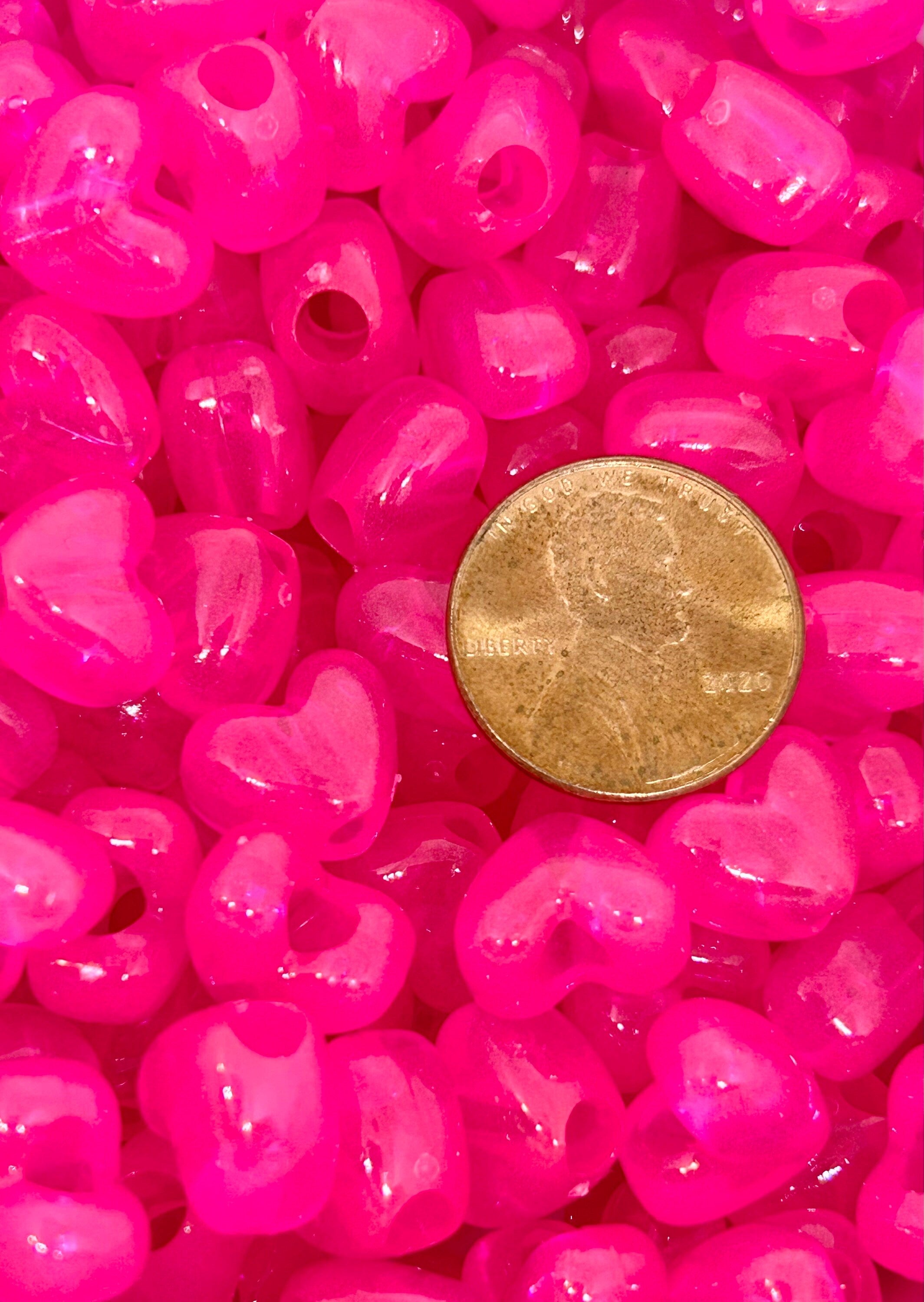 Neon Pink Translucent Heart Beads, Valentine's Day Heart Shaped Pony Beads, Rave Beads