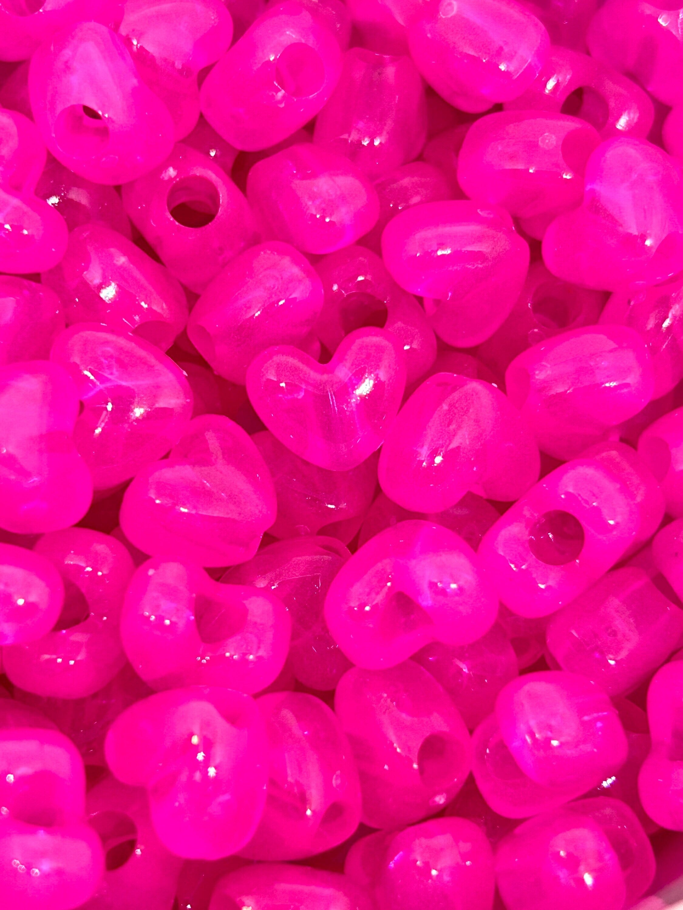 Neon Pink Translucent Heart Beads, Valentine's Day Heart Shaped Pony Beads, Rave Beads