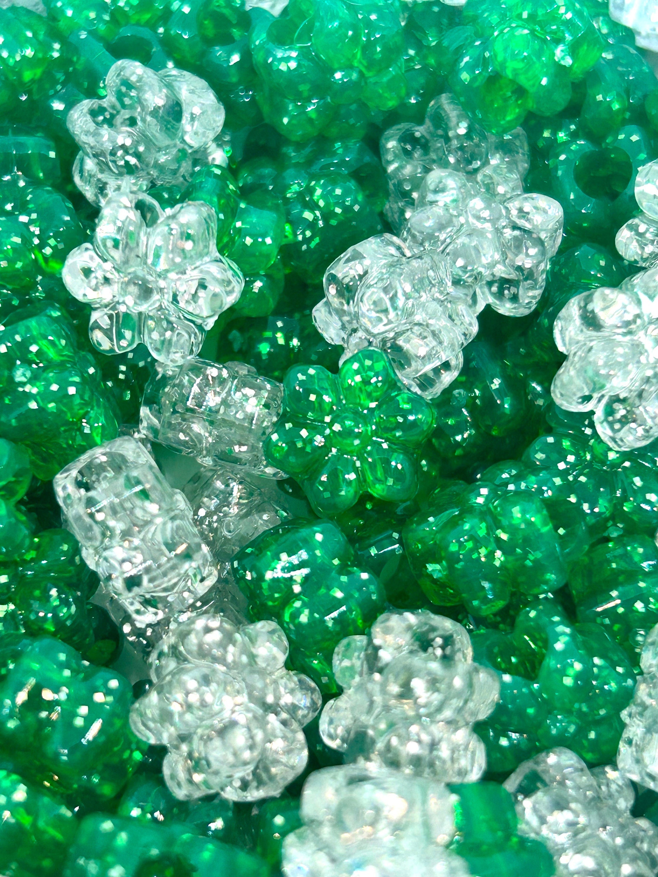 St. Patrick's Day Themed Glitter Beads, Green Flower Shamrock Lucky Beads