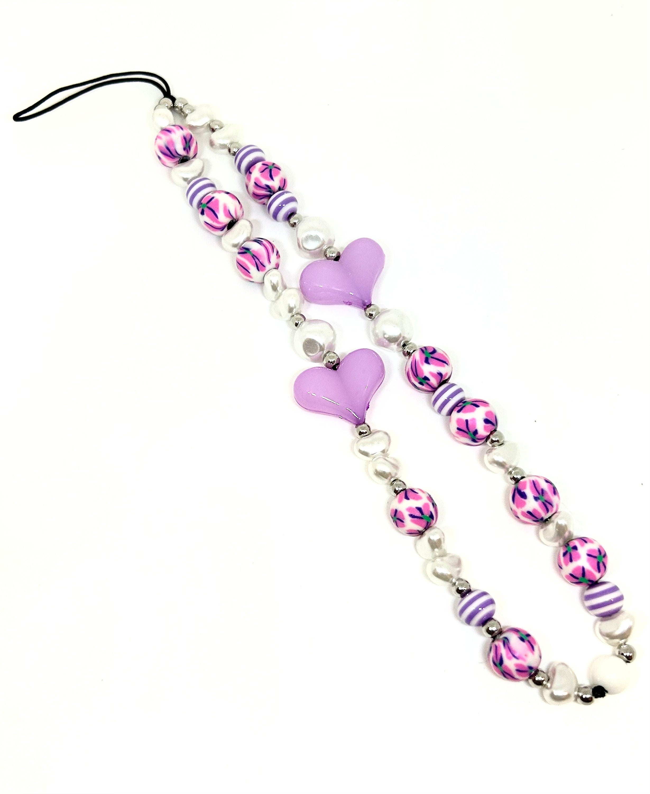 Pretty Lilac and Purple Beaded Phone Strap, Mobile Lanyard