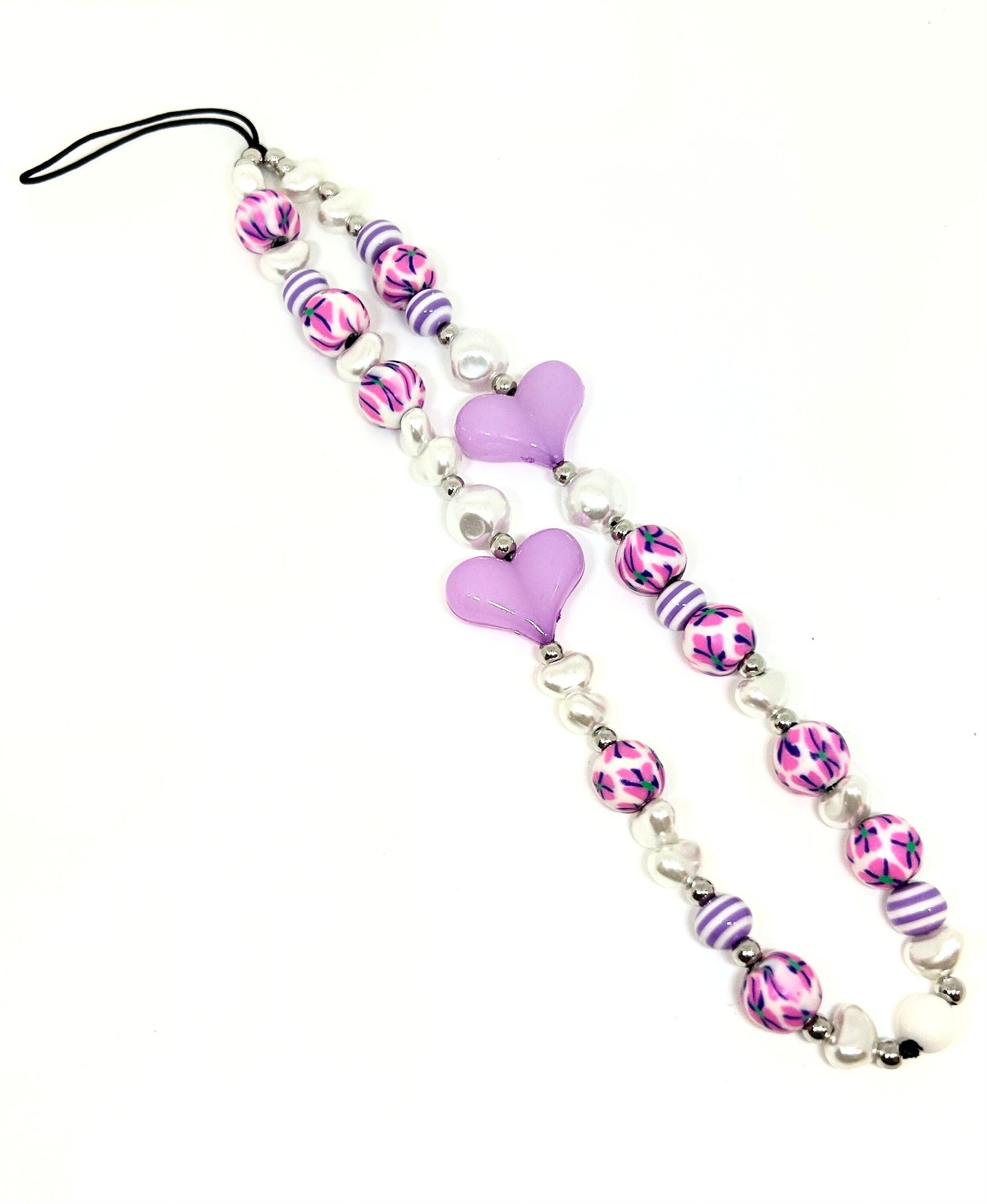 Pretty Lilac and Purple Beaded Phone Strap, Mobile Lanyard
