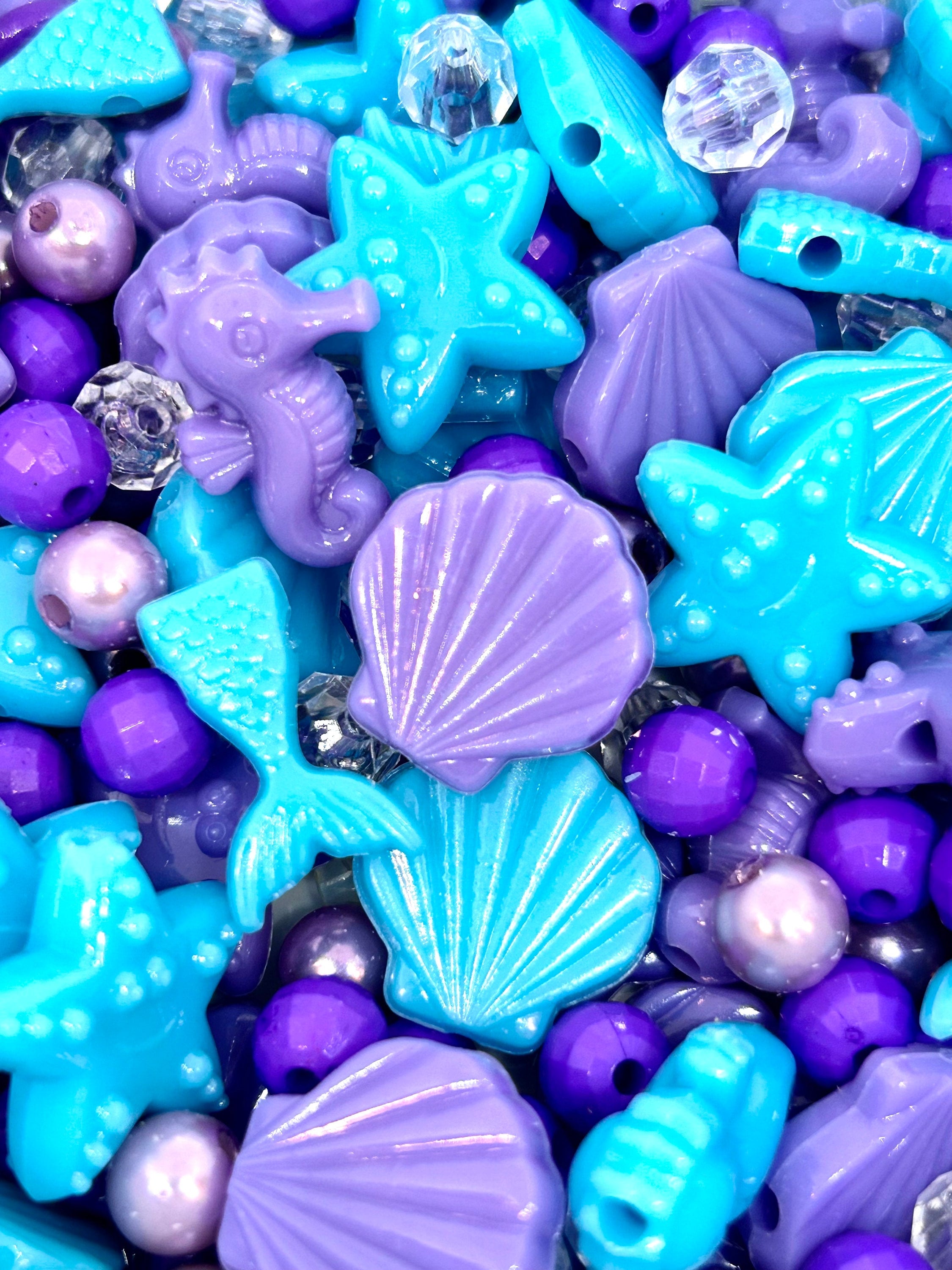 Blue & Purple Mermaid Bead Mix, Shell, Round, Mermaid Tails, Seahorse Beads