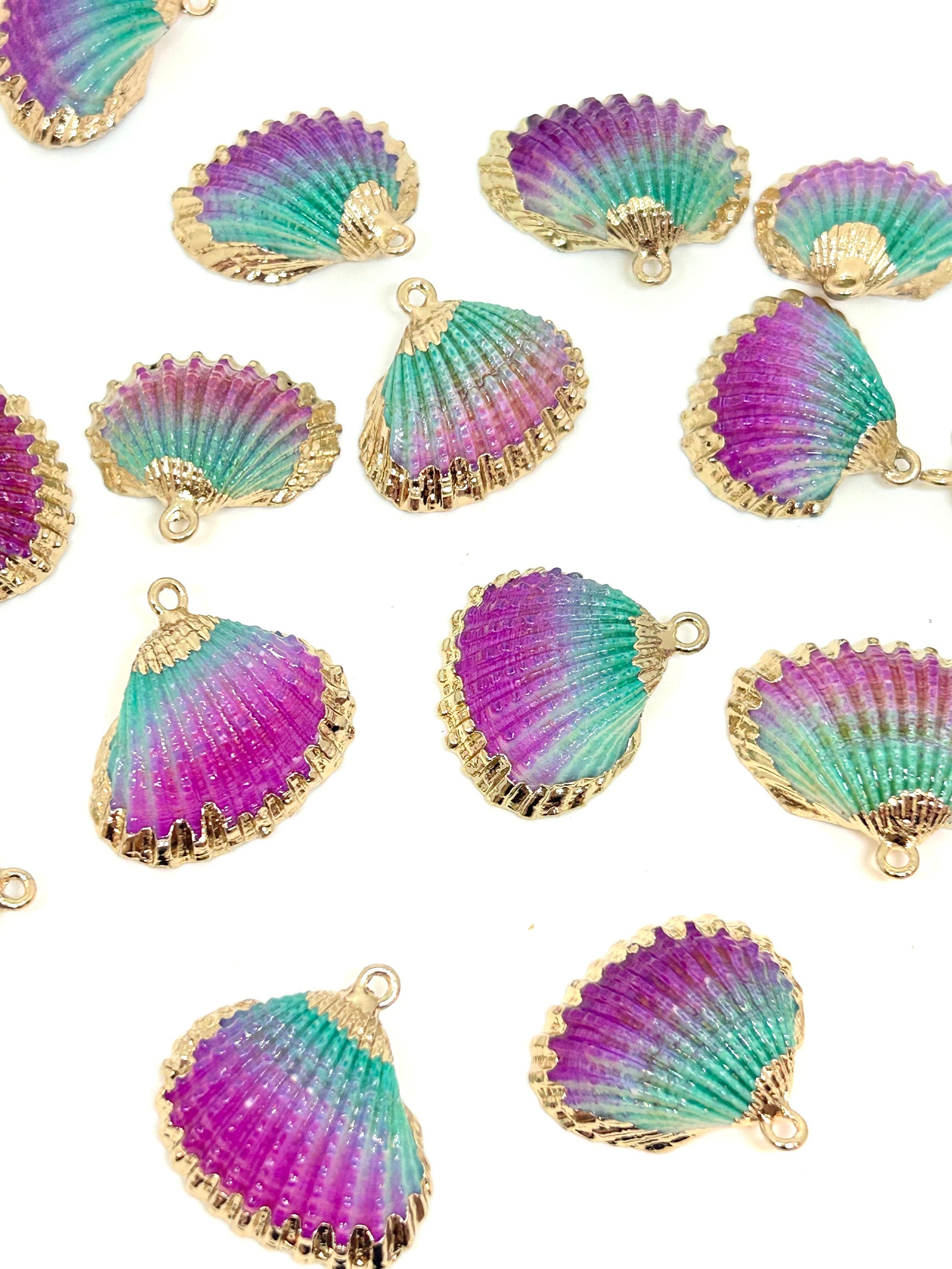 Green & Purple Ombre Mermaid Sea Shell Charms with Gold Accents by Madison Beads - Perfect for Enchanting Jewelry and Craft Projects