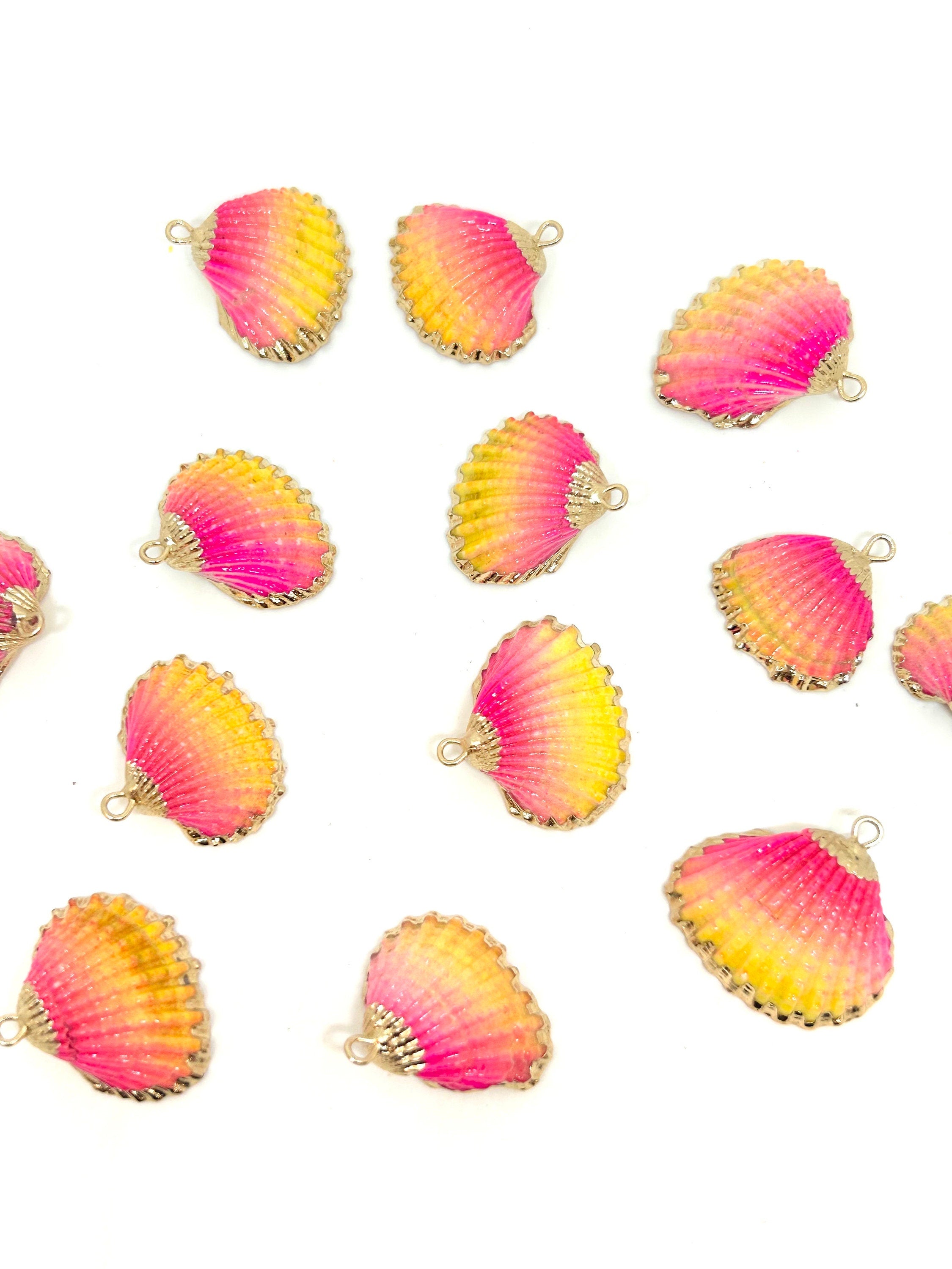 Yellow & Pink Ombre Mermaid Sea Shell Charms with Gold Accents by Madison Beads - Ideal for Vibrant Sunset-Inspired Crafts