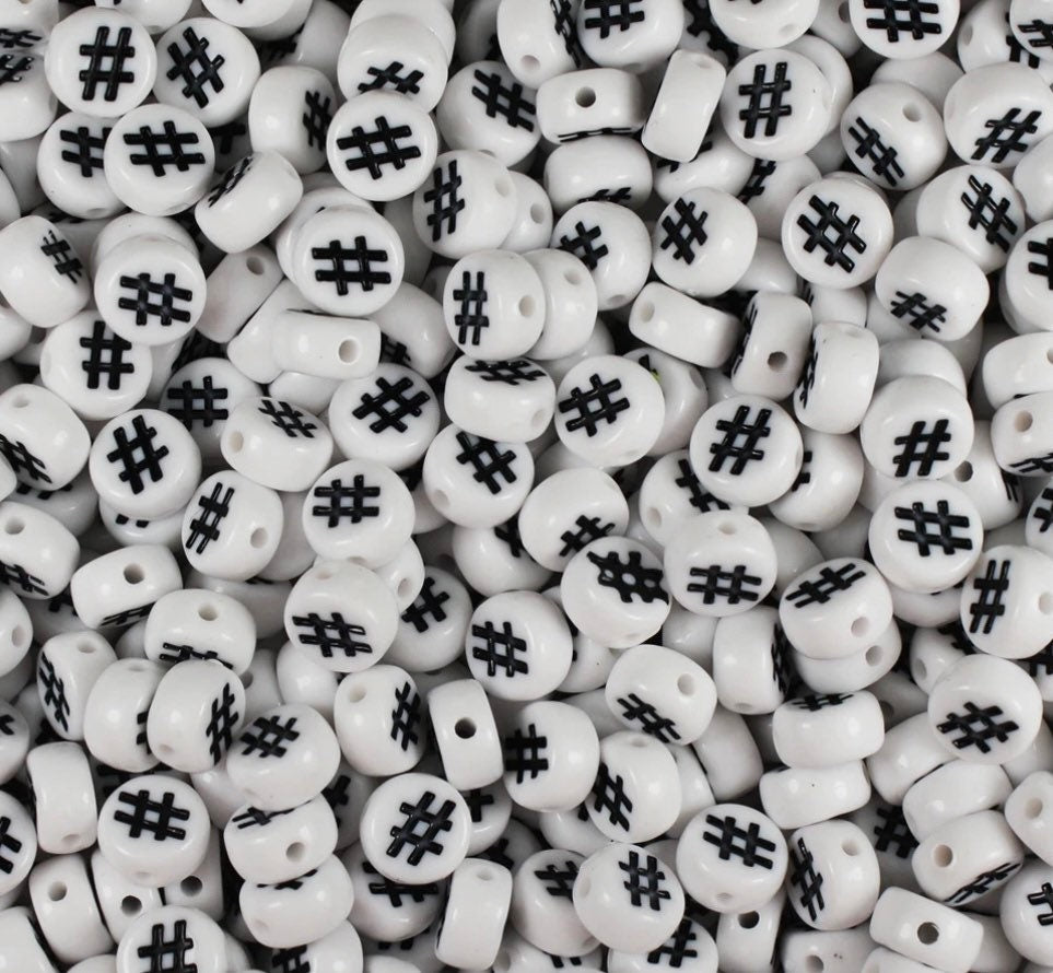 Hashtag Beads, Alphabet Beads, Black and White Letter Beads, 7mm Beads