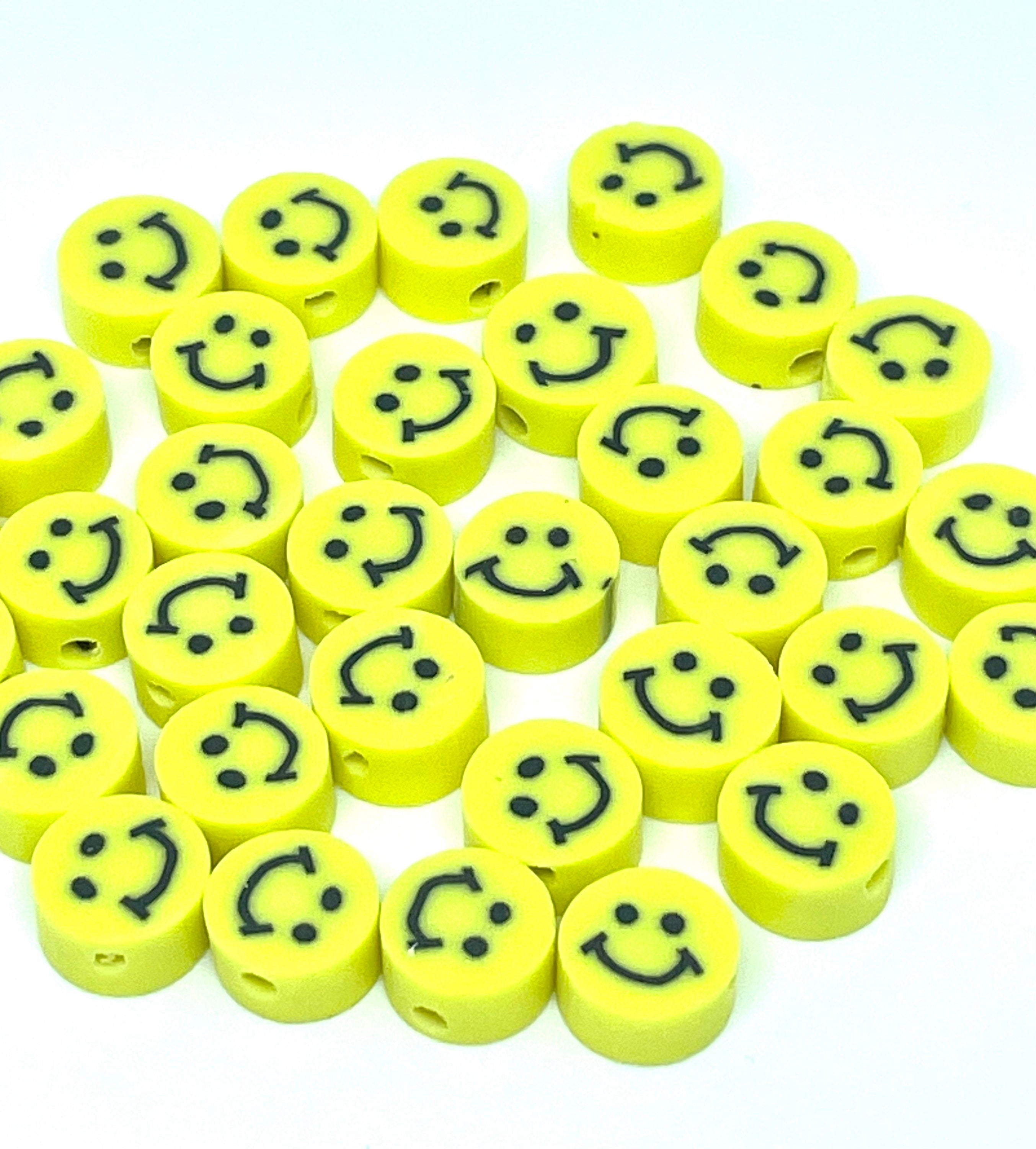 Smiley Face Beads, Emoji Beads, 10mm Polymer Clay Beads, Yellow Beads