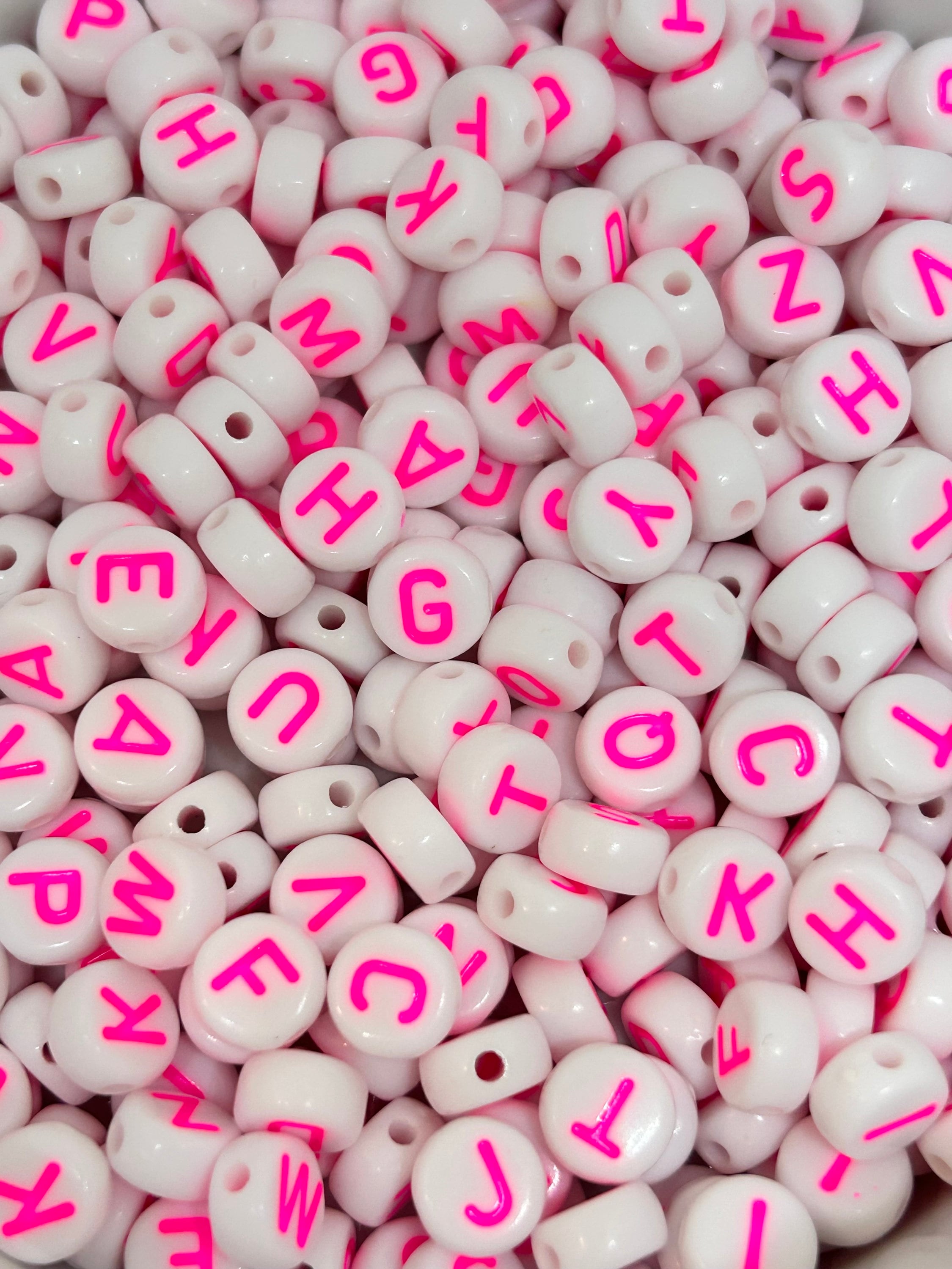 Letter Beads - 7mm White Bead with Pink Text Round Alphabet